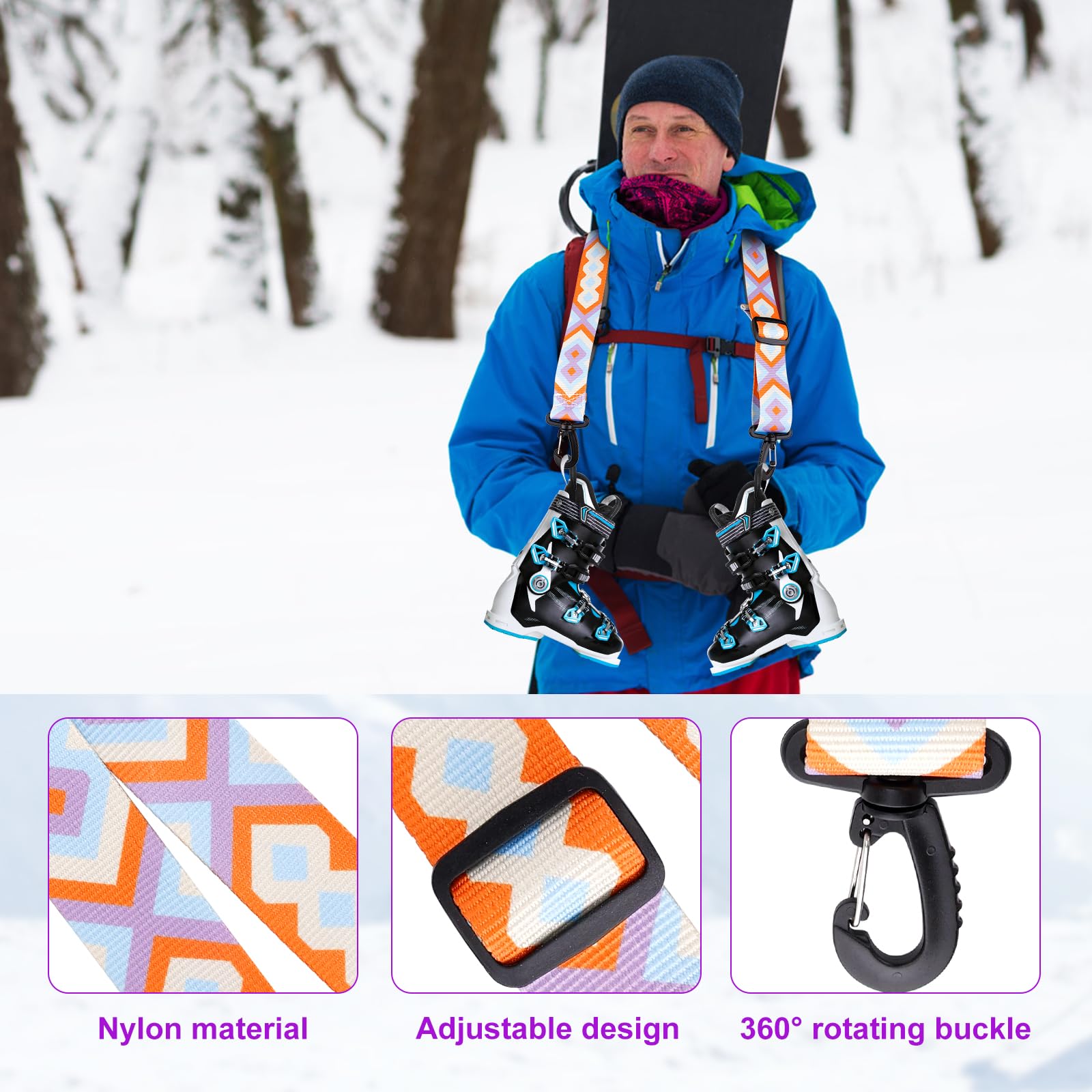 Sangle Baton de Ski, Réglables Sangle Skate avec Boucle Pivotante à 360° Sangle d'Épaule de Ski Laisse de Patins à roulettes Accessoires de Ski pour Ski, Snowboard