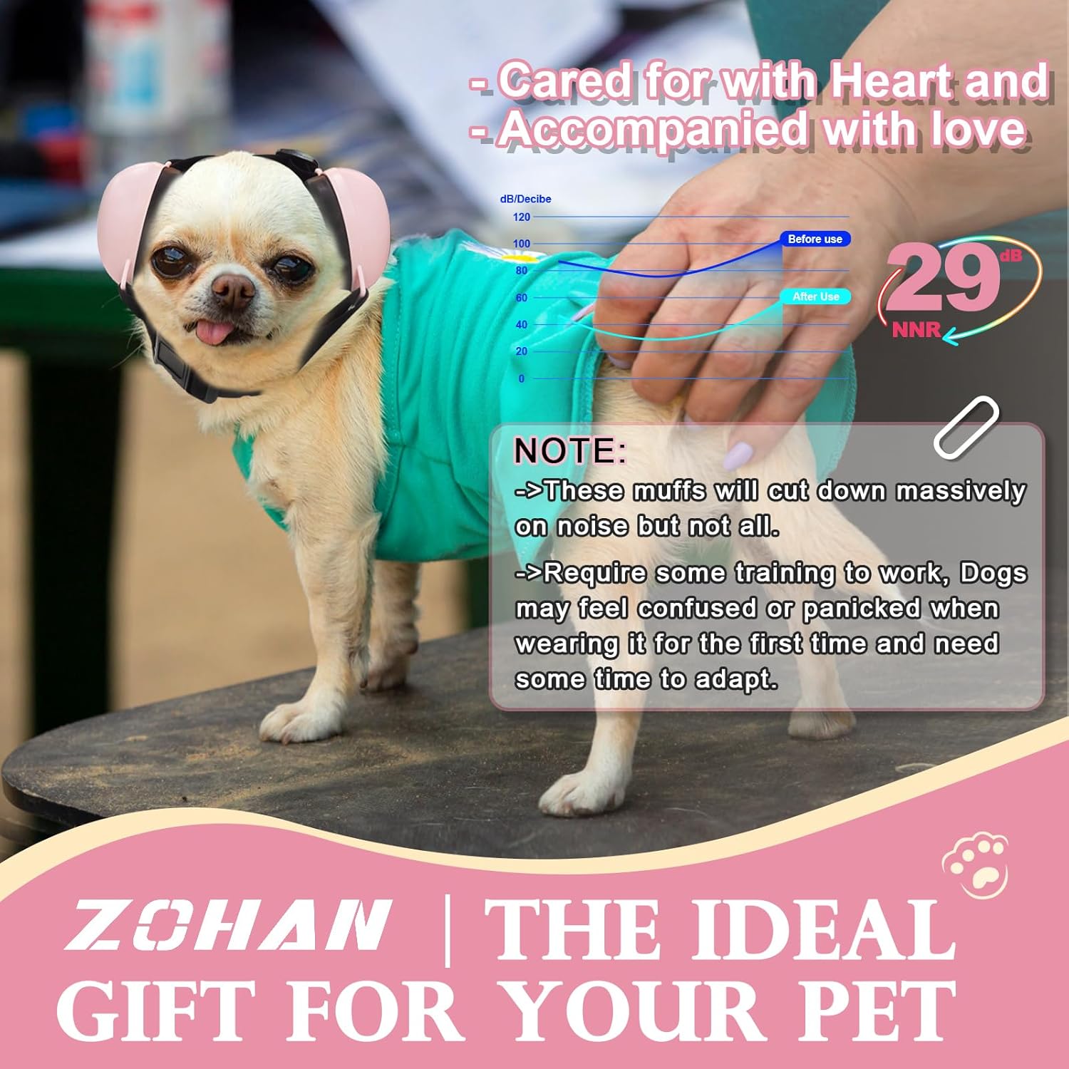 ZOHAN Dog Ear Muffs for Noise Protection, Comfort Dog Noise Cancelling Ear Muffs with Fast Snap Lock for Fireworks, Thunder, Vacuums(Pink,S)