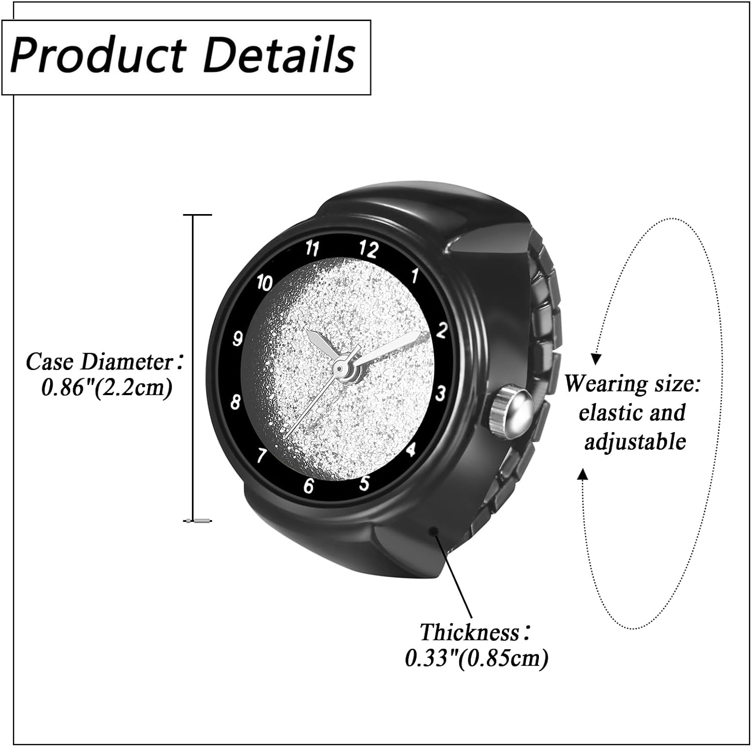 JewelryWe Quartz Casual Finger Watch: Men Women Black Stainless Steel Elastic Strap Round Analog Quartz Watch Unisex Clear and Easy-to-Read Arabic Numerals Dial Finger Watch for Daily and Office