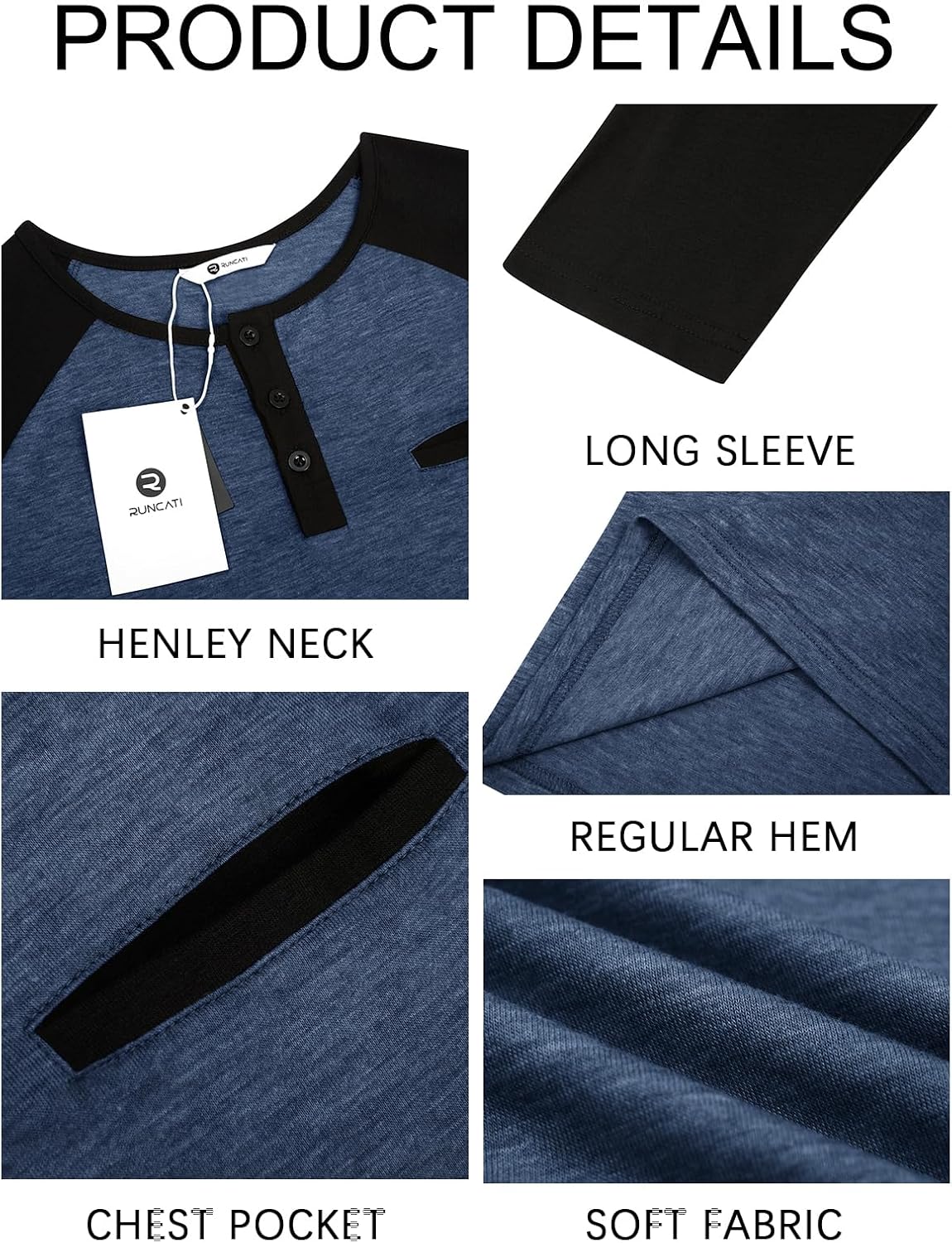 Runcati Mens Henley Shirts Raglan Long Sleeve Casual T-Shirts Color Block Button Shirt Vintage Tops with Pocket - Image 6