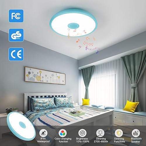 Miniatura 2 de Lámpara de techo LED impermeable azul cielo, lámpara de techo con música, con altavoz Bluetooth, 11 pulgadas 18 W, 2700K-6500K, color RGB ajustable