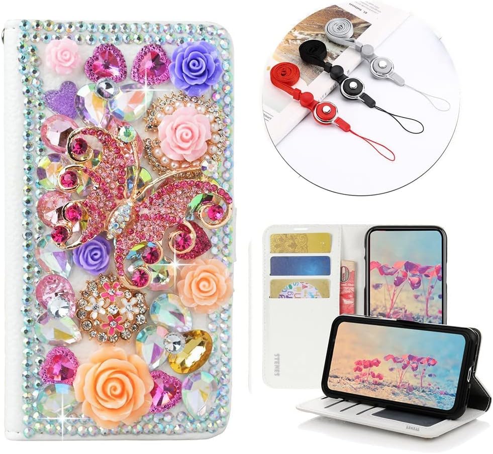 STENES Bling Wallet Phone Case Compatible with Samsung Galaxy S20 Ultra - Stylish - 3D Handmade Rose Butterfly Flowers Design Leather Cover with Neck Strap Lanyard [3 Pack] - Pink