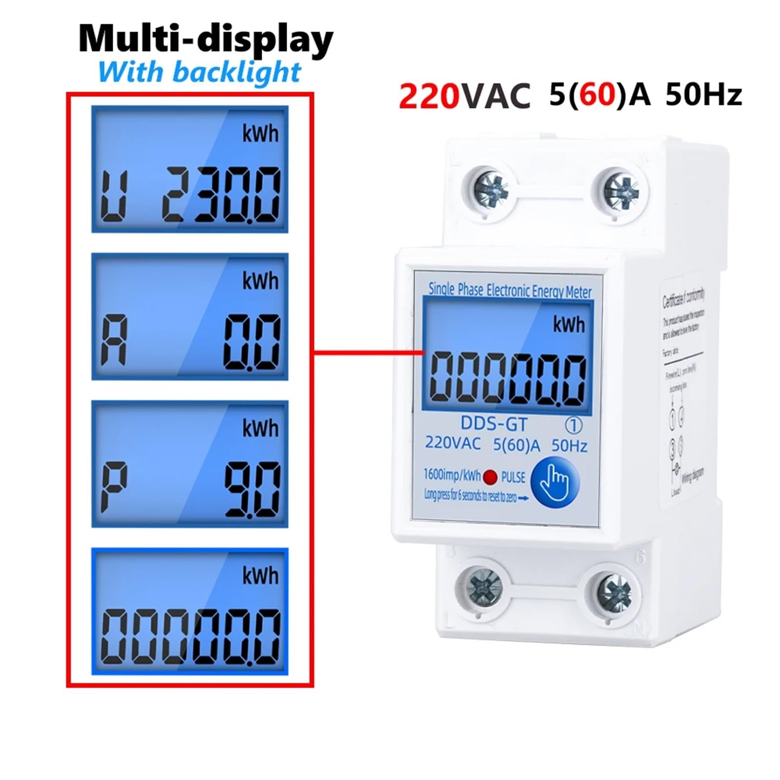Dwuprzewodowy jednofazowy cyfrowy licznik energii, wyświetlacz LCD na szynie Din, KWh, zużycie energii elektrycznej, 230VAC, 60A, 50 Hz, miernik mocy