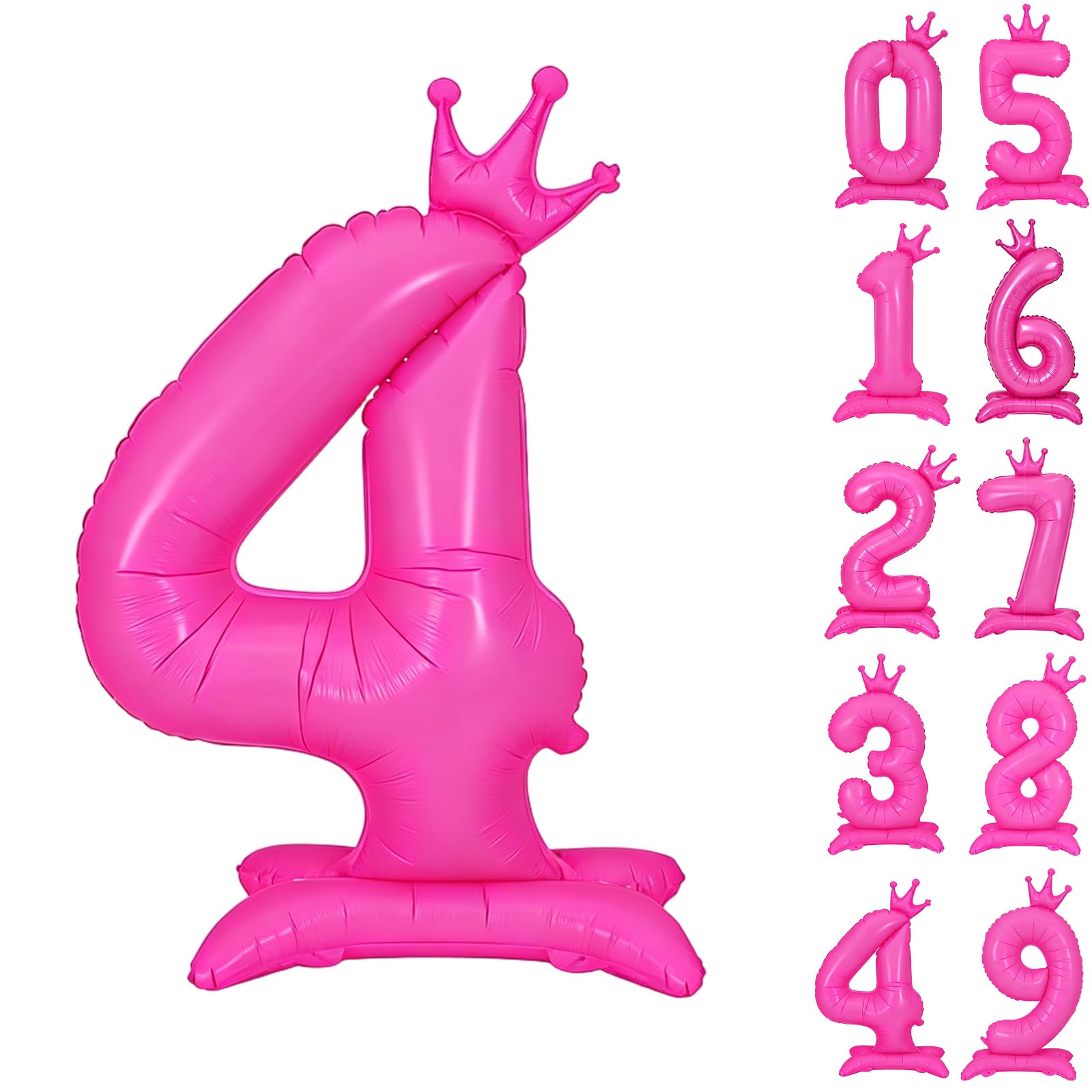 Fluorescent Pink Standing Number 4 Balloon 42 Inch Fluorescent Rose Pink Crown Balloons 0-9 Giant Foil Number 4 Balloon with Crown Birthday Party Decorations Supplies