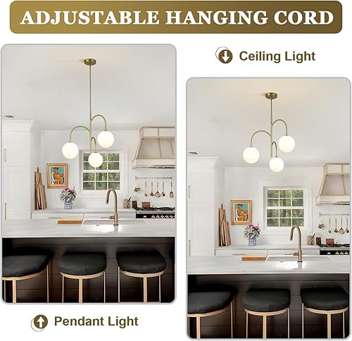 Miniatura 9 de Lámpara colgante moderna de mediados de siglo con 3 luces de cristal de leche, lámpara colgante de latón dorado, lámpara de techo industrial de