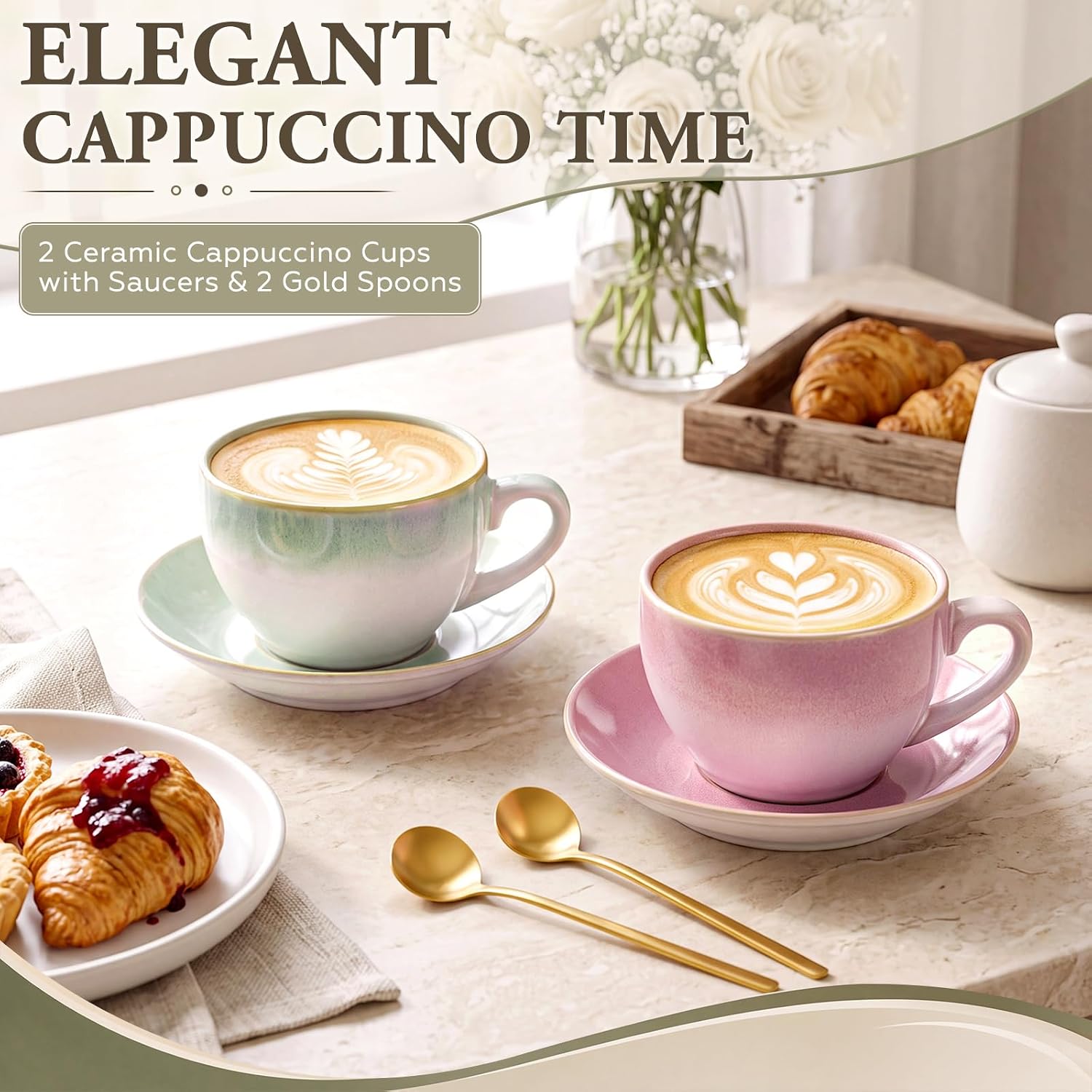 11oz Latte Art Ceramic Cappuccino Cups and Saucers Set of 2