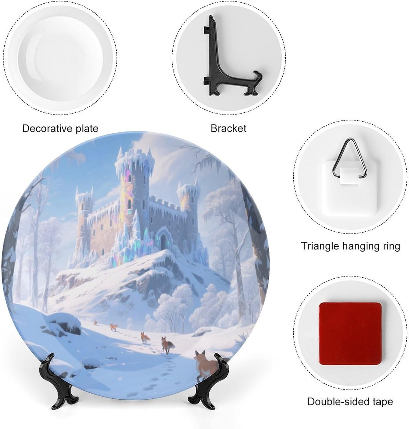 Bone China Decorative Plates Frost And Snow Castle Ceramic Decorative Plate Wall Decor with Display Stand Ceramic Ornaments for Wall Hanging Decoration