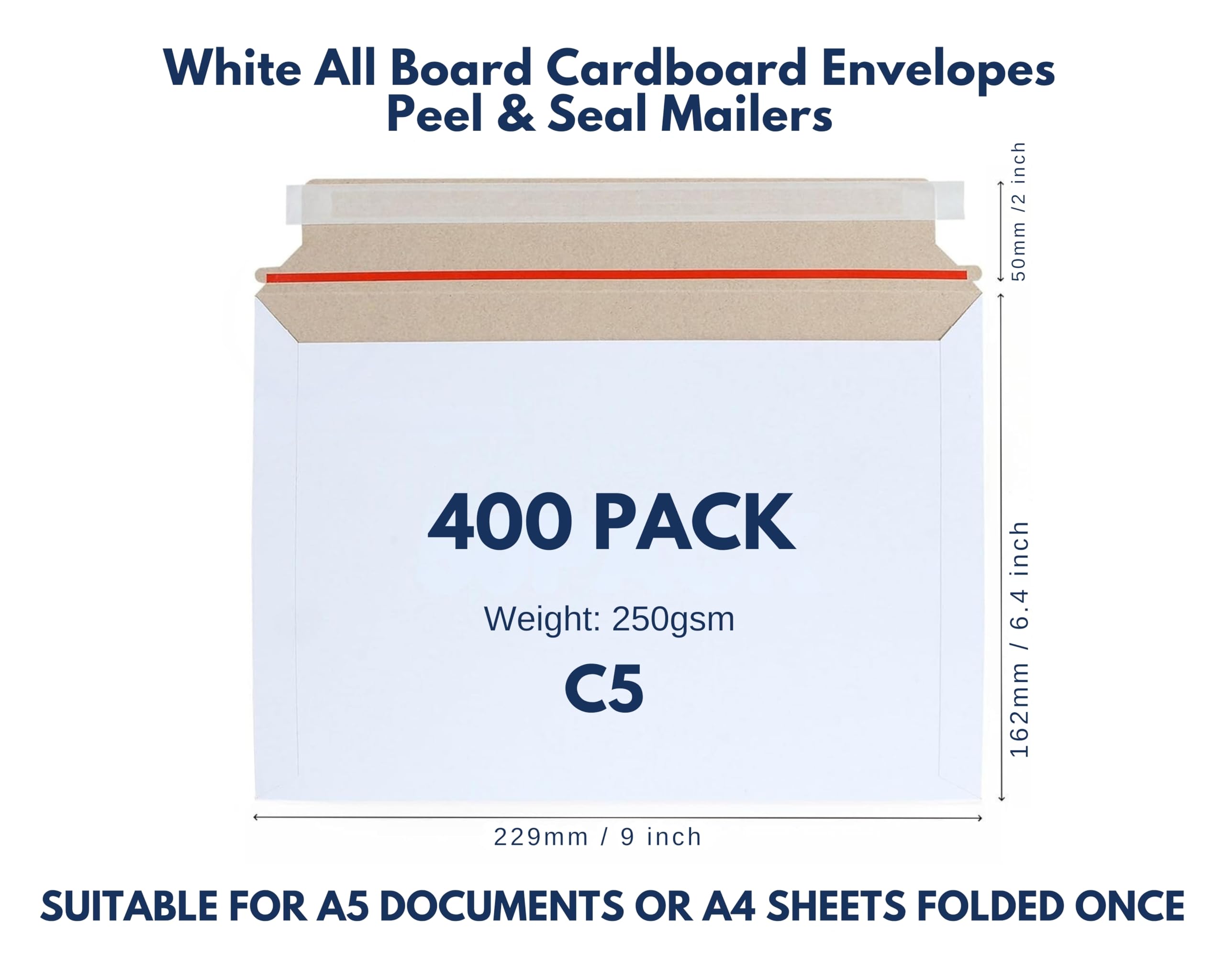 Buste in cartone bianco, 250 g/m², formato C4/C5, con chiusura adesiva, striscia di strappo, adatte ai tuoi documenti (400, C5)