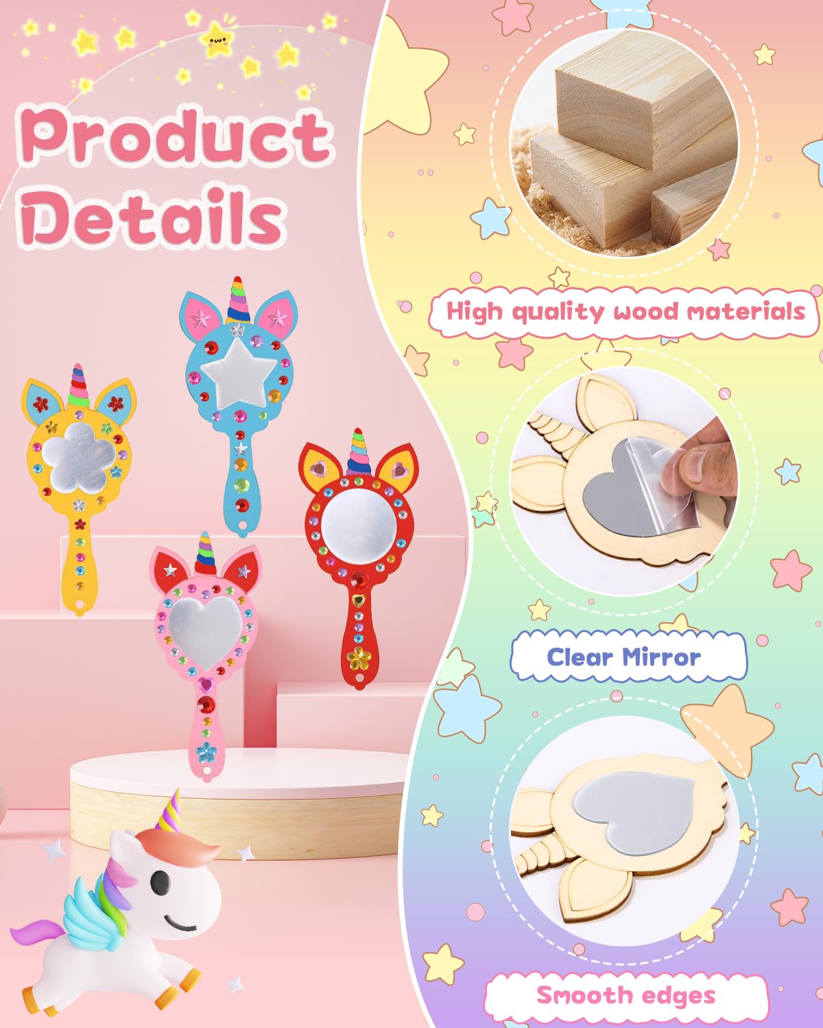 Kit Créatif Miroir Licorne En Bois à Peindre - Lot De 12 Avec Strass Et Feutres - Activité Manuelle Pour Enfants