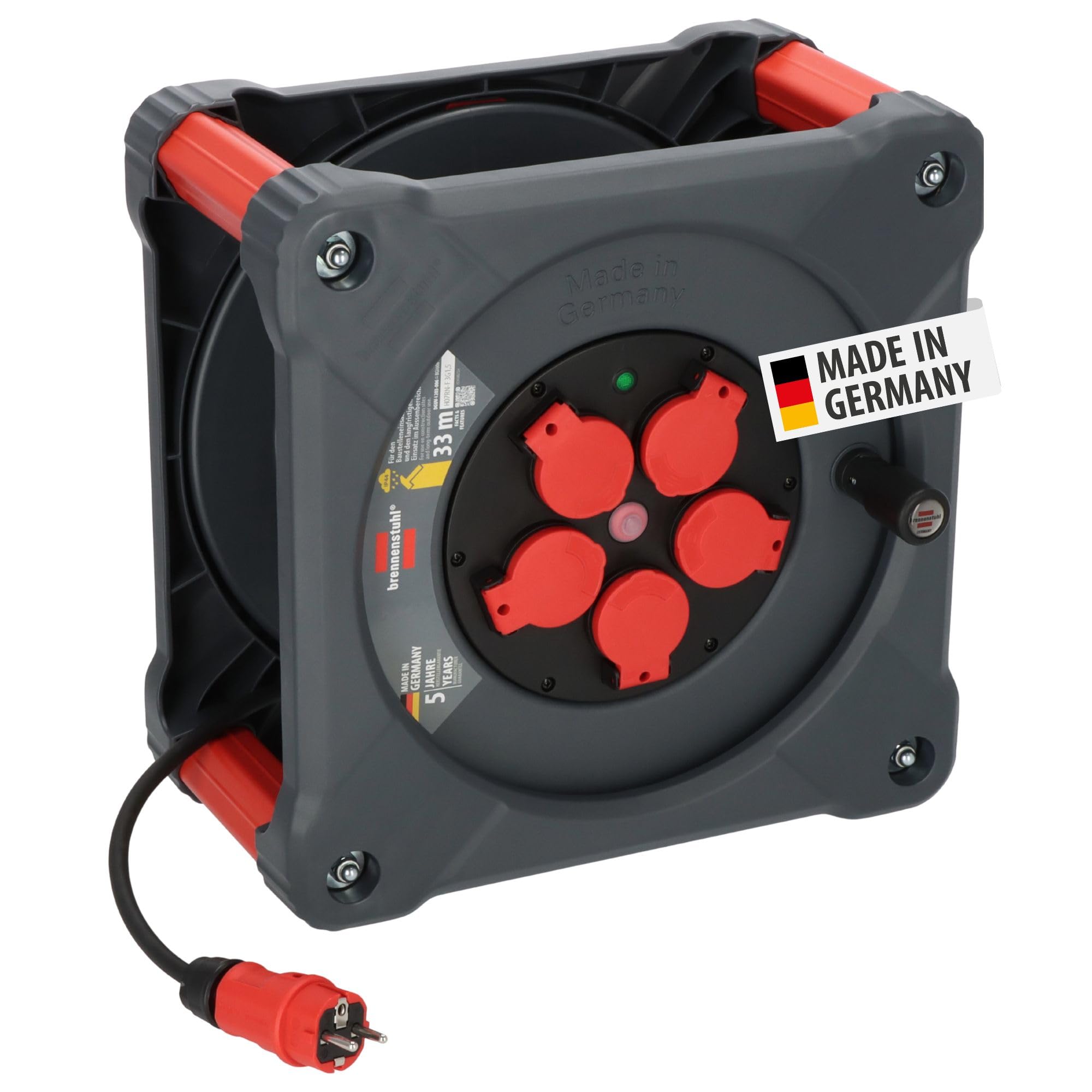 Brennenstuhl Professional construction site cable reel KA 3100 5 IP44 (33 m H07RN-F 3G1.5 cable in black, 5 safety sockets, construction site use and permanent outdoor use, Made in Germany) Cable name: H07RN-F 3G1.5 33M