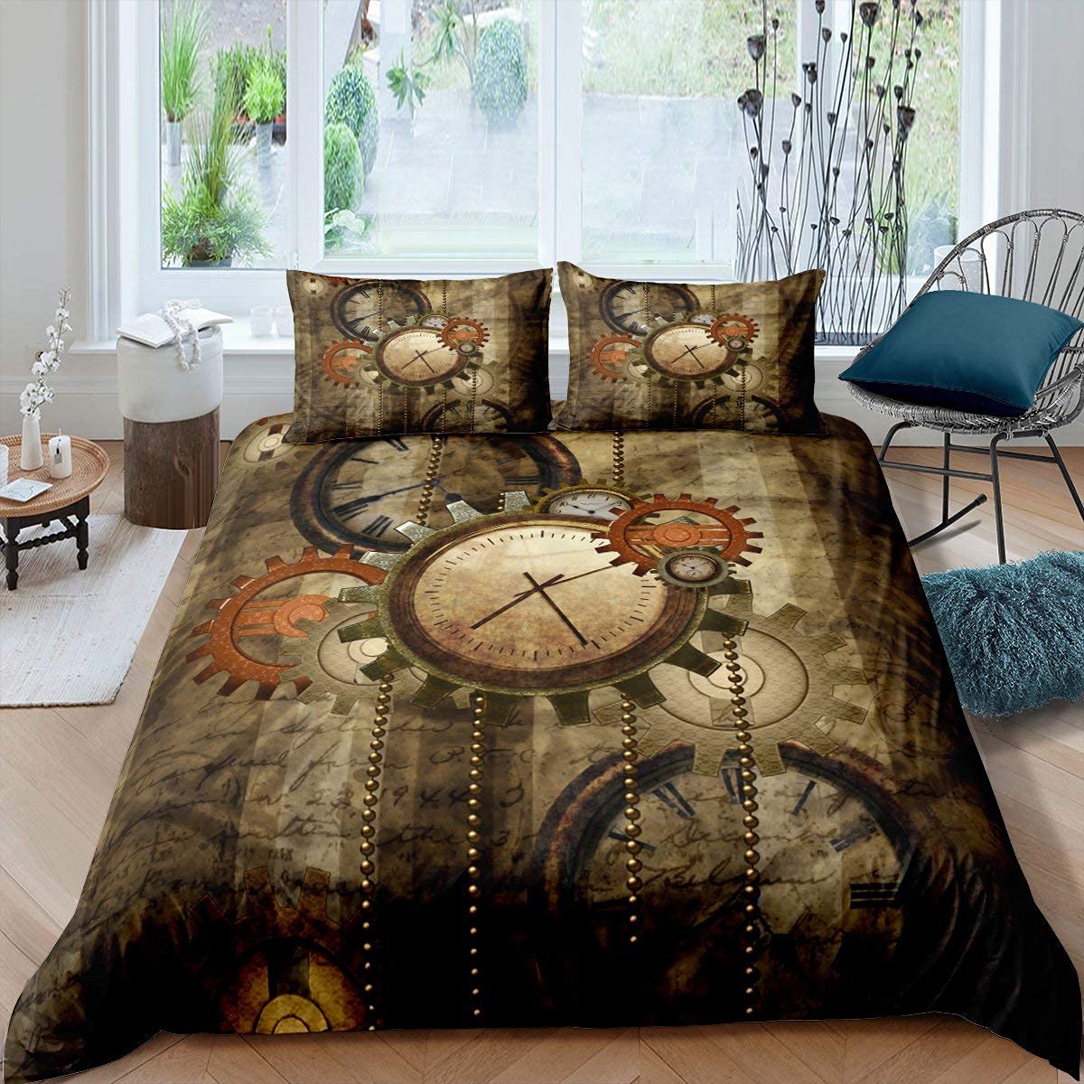 Homewish Ndustrial Gear Comforter Cover Steampunk Style Duvet Cover Super King Size Clocks Theme Bedding Set Mechanical Device Retro Brown Bedspread Cover, 3 Pcs, Room Decoration Lightweight