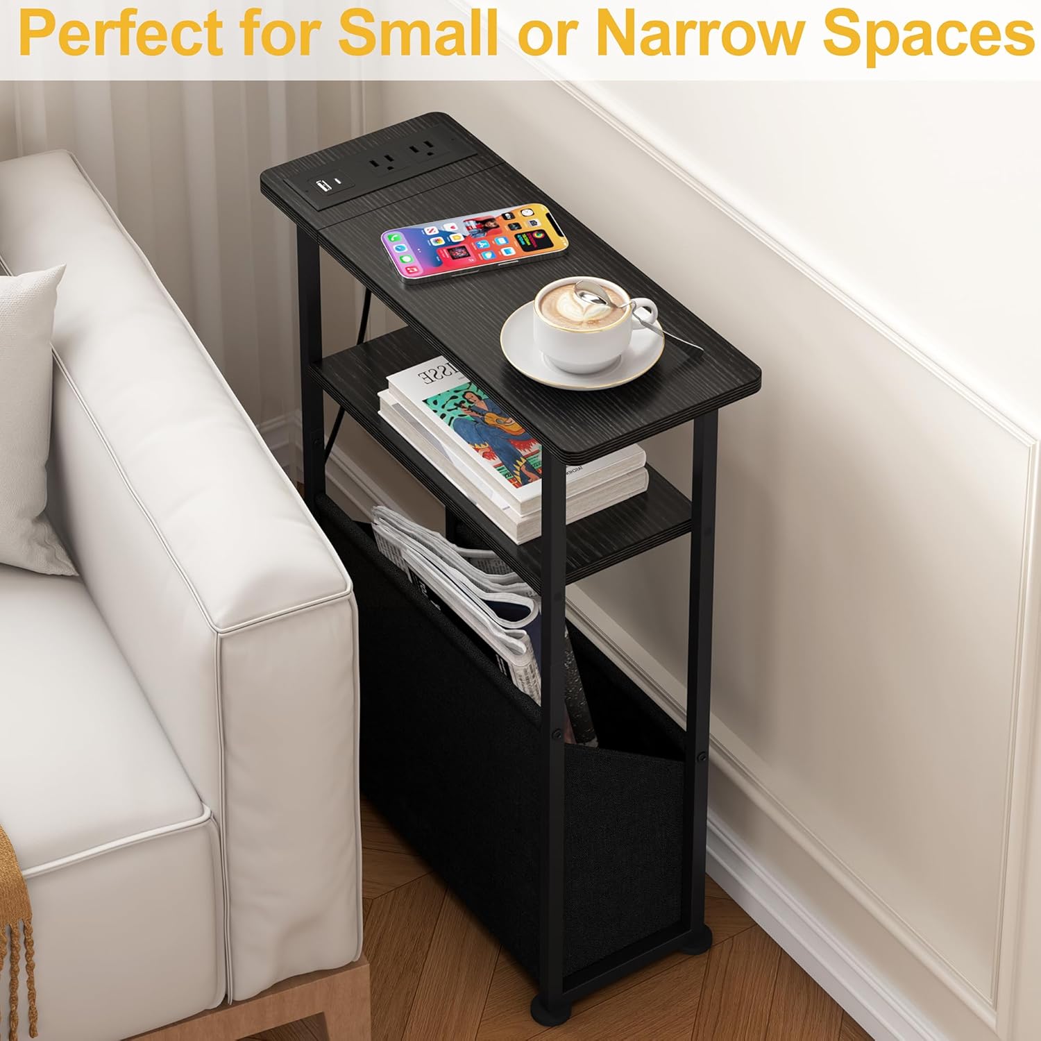 Yusong Narrow Side Table for Small Spaces, Skinny Charging End Table with Storage Basket, 3 Tier Slim Sofa Couch Bedside Table, Thin Nightstand for Bedroom, Living Room, Black