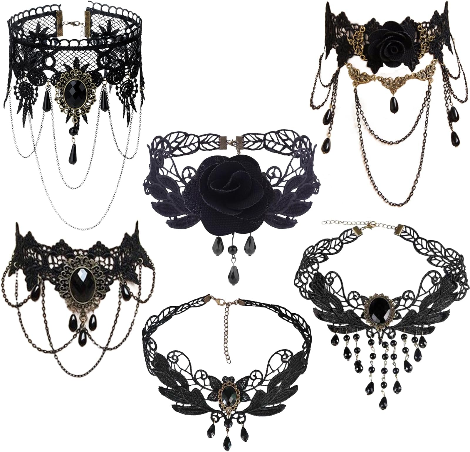 6PCS Choker Necklace, Lace Necklace, Gothic Lace Choker Necklace, Black Tattoo Necklace Jewelry for Women, Girls, Halloween, Party, Cosplay, Steampunk Vampire