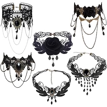 BDSHUNBF Pack of 6 Gothic Necklaces Black Lace Chain Gothic Choker Lolita Costume Accessories Vintage Collar Victorian Jewellery Lace Choker Gothic for Halloween Carnival Masquerade