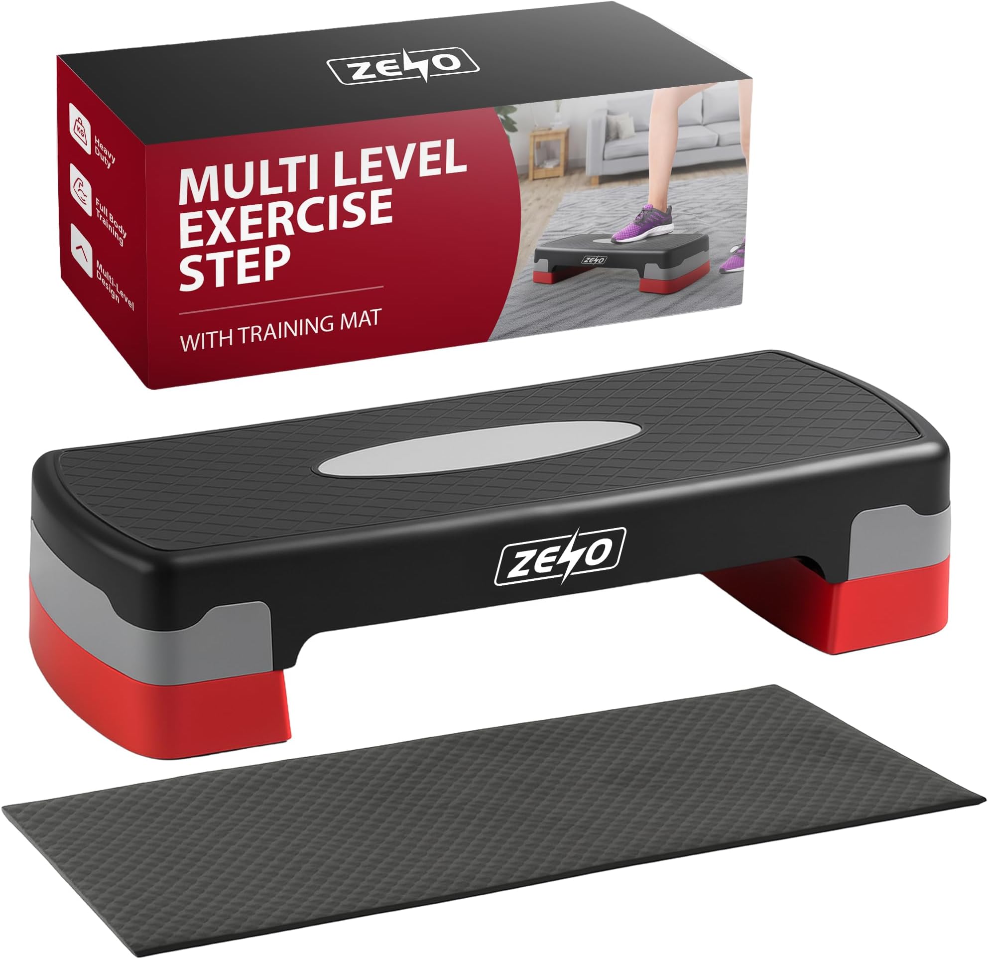 ZENO Exercise Step & Training Mat | Steppers for Exercise Workout | Adjustable Height 2 Levels Aerobic Step | 10cm and 15cm Cardio Exercise Stepper | Training Step for Home or Gym Workout Routines