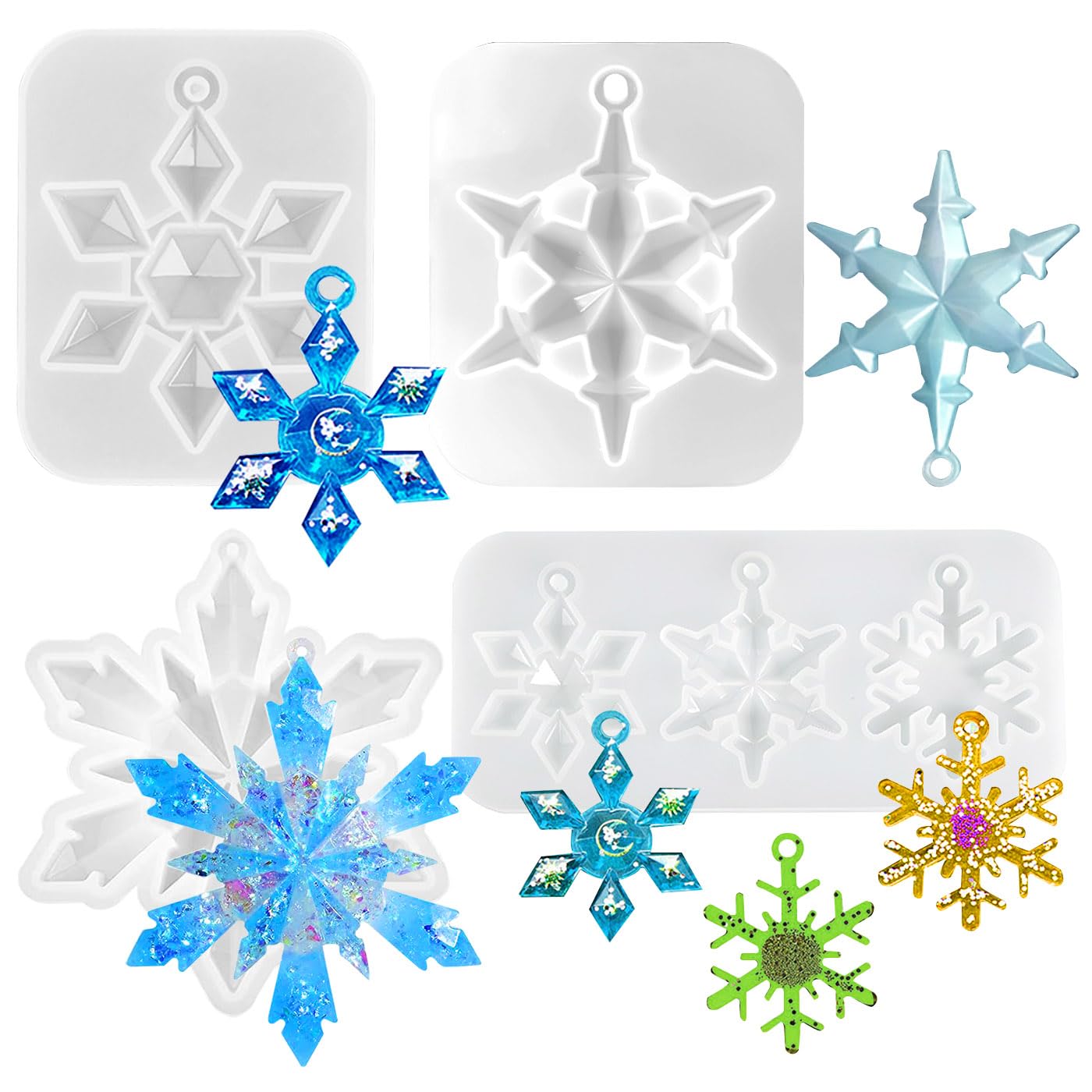 Auswalar 4 PCS Christmas Snowflake Pendant Mold, Silicone Resin Ornament Molds, Cute Christmas Molds With Hanging Hole for Xmas DIY Jewelry Pendant Charms, White