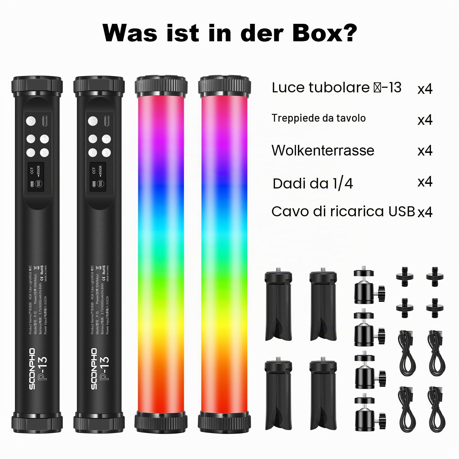 soonpho Soonpho 4Pack P13 RGB LED Luce Video Stick Tubo Luci a Mano Luce Video Tubo con Caricatore per Treppiede Colore Completo 12 Effetti Luce 3200K~8500K Illuminazione Fotografia per TikTok, Stream