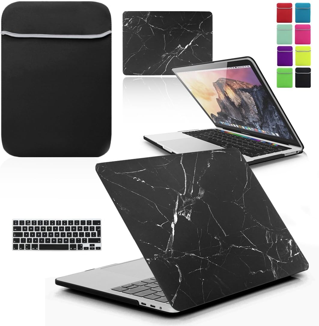 BUNDLE - Hard Shell Case with matching Keyboard Skin & Neoprene Sleeve Cover for Apple MacBook Pro [13-inch Pro A2159 (Touch Bar) - 2019], [BLACK MARBLE]