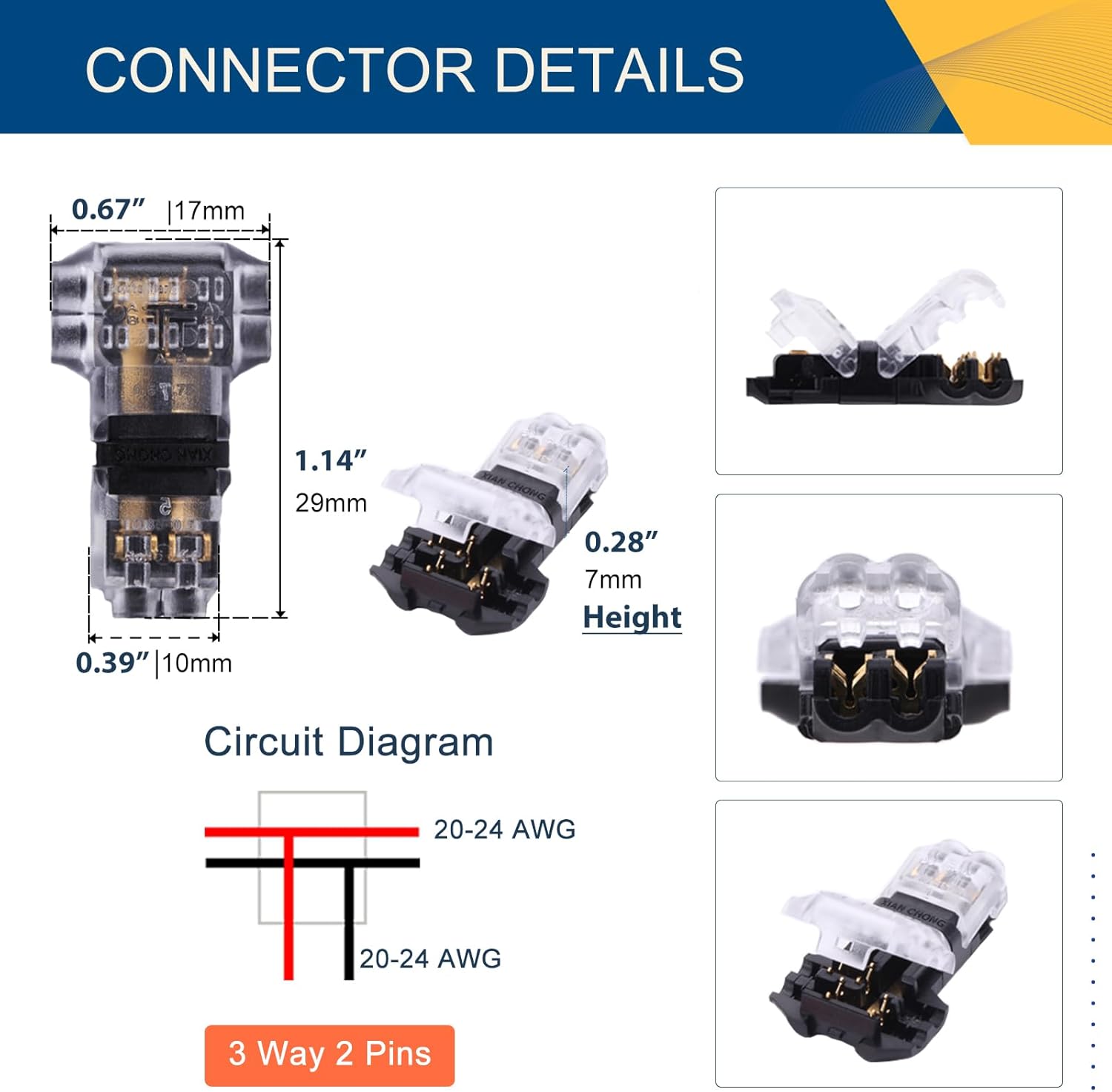 Low Voltage Wire Connectors Solid Connection, T Tap Wire Connectors, T Type 2 Pins Wire Splice Connectors, Solderless No Stripping 3 Way Wire Connector for LED Strip, Automotive Fits 24-20 AWG 12 Pack