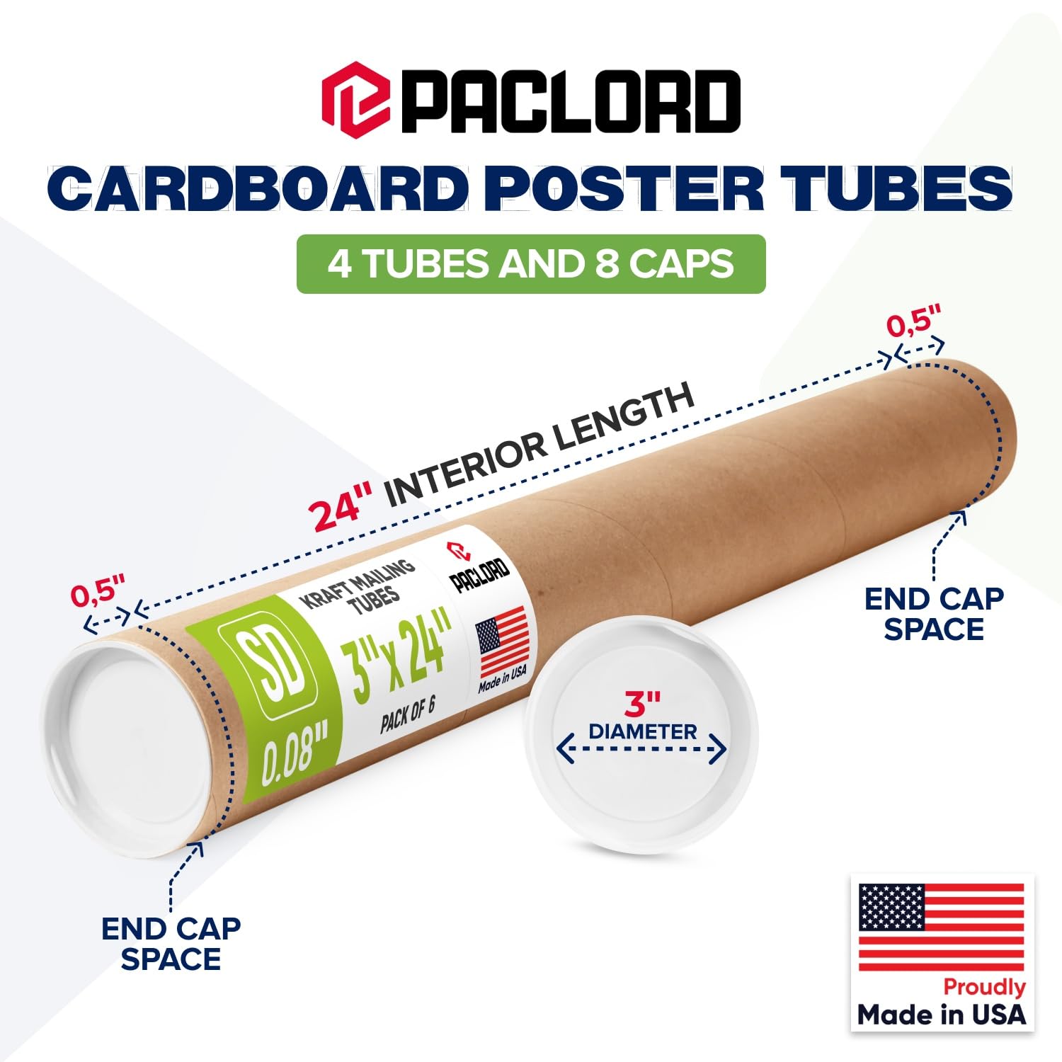 Tubos de correo de papel kraft reforzados de 3 x 24 pulgadas, paquete de 4 tubos con 2 tapas cada uno, tubo de póster aprobado por USPS, tubo de cartón fabricado en Estados Unidos para enviar y