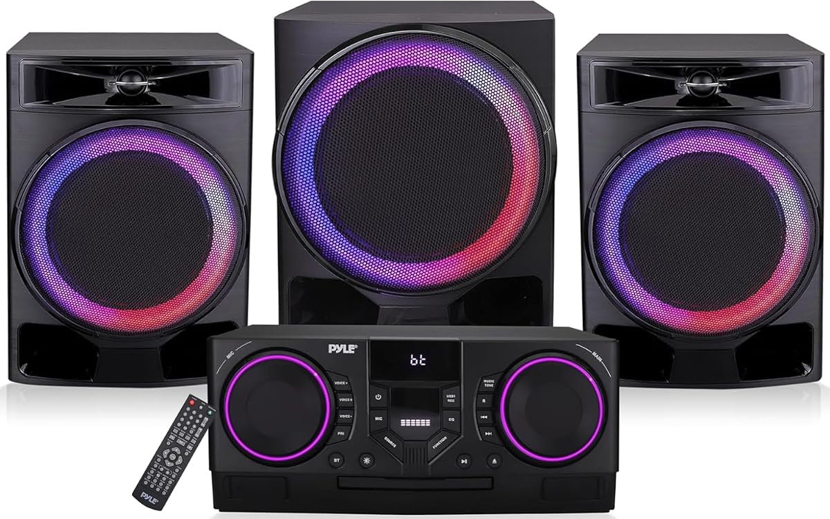 Sistema estéreo Bluetooth de 4 piezas: mini sistema estéreo de estantería Hi-Fi con grabación USB, radio FM y control remoto, compatibilidad con DVD/CD, sistemas estéreo perfectos para el hogar, 1000 W