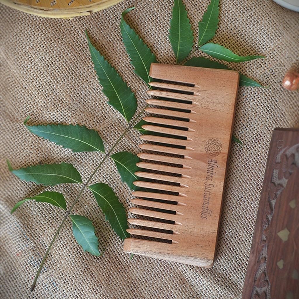 Almitra Sustainables wooden Neem Comb Pack of 2 Small & Large. Haircare, - Image 2 thumbnail