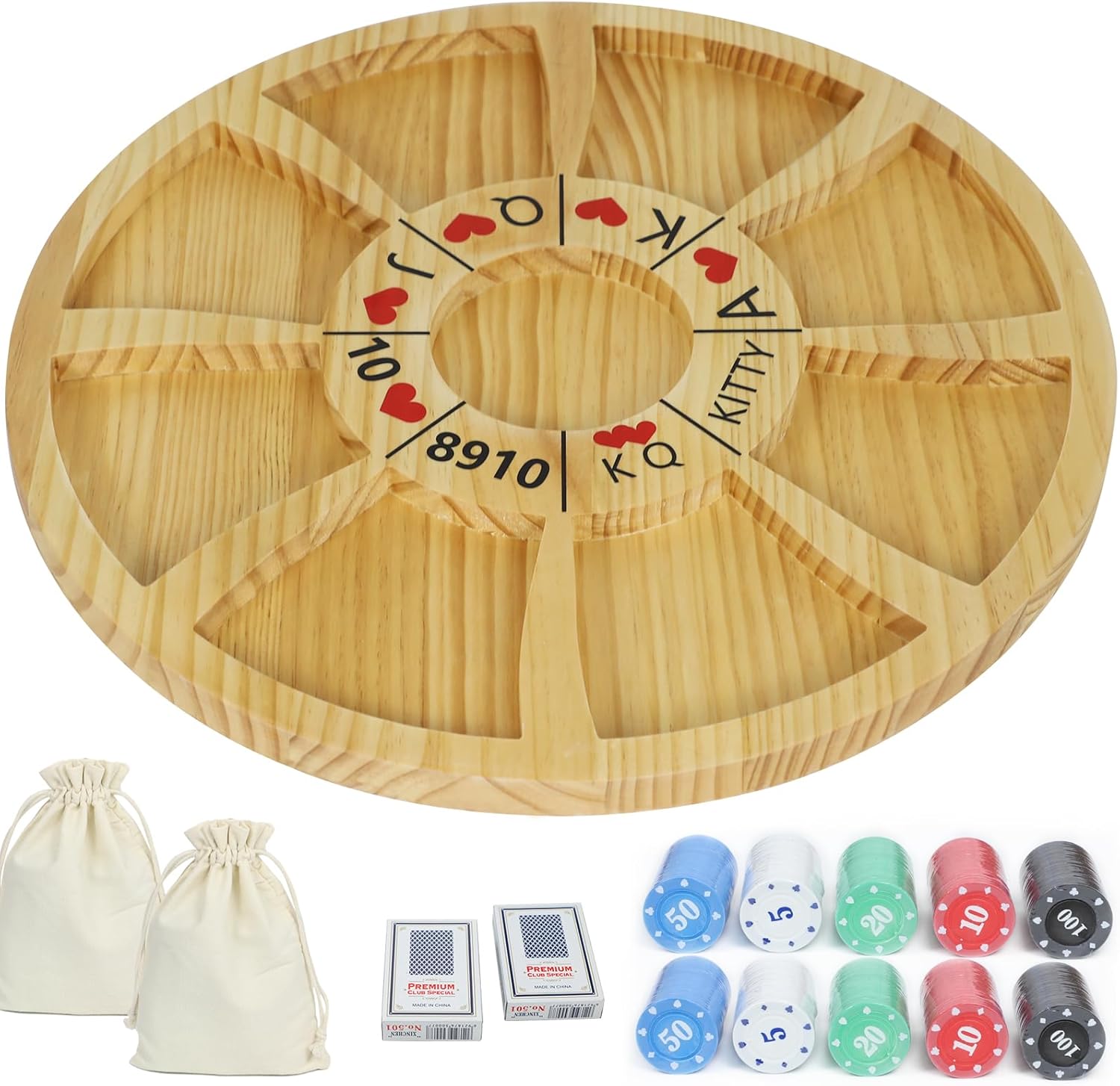 20 inches Michigan Rummy Game Deluxe Set Perfect Blend of A Royal Game of Hearts Rummy Poker Wooden Tripoley Board Game Betting Bluffing Game Classical Family Card Game for Adults 200 Chips…