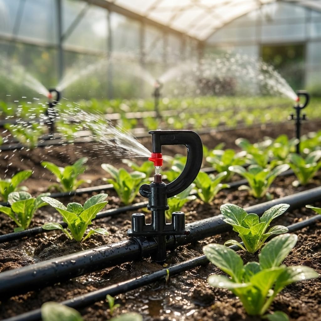 Suinga. Lot 50 arroseur 180º montés avec microtube et Prise avec Piquet 40 cm pour arrosage agricole et Jardinage. Microasperseur 180º avec débit 73 à 125 l/h et portée 1,7 mètres