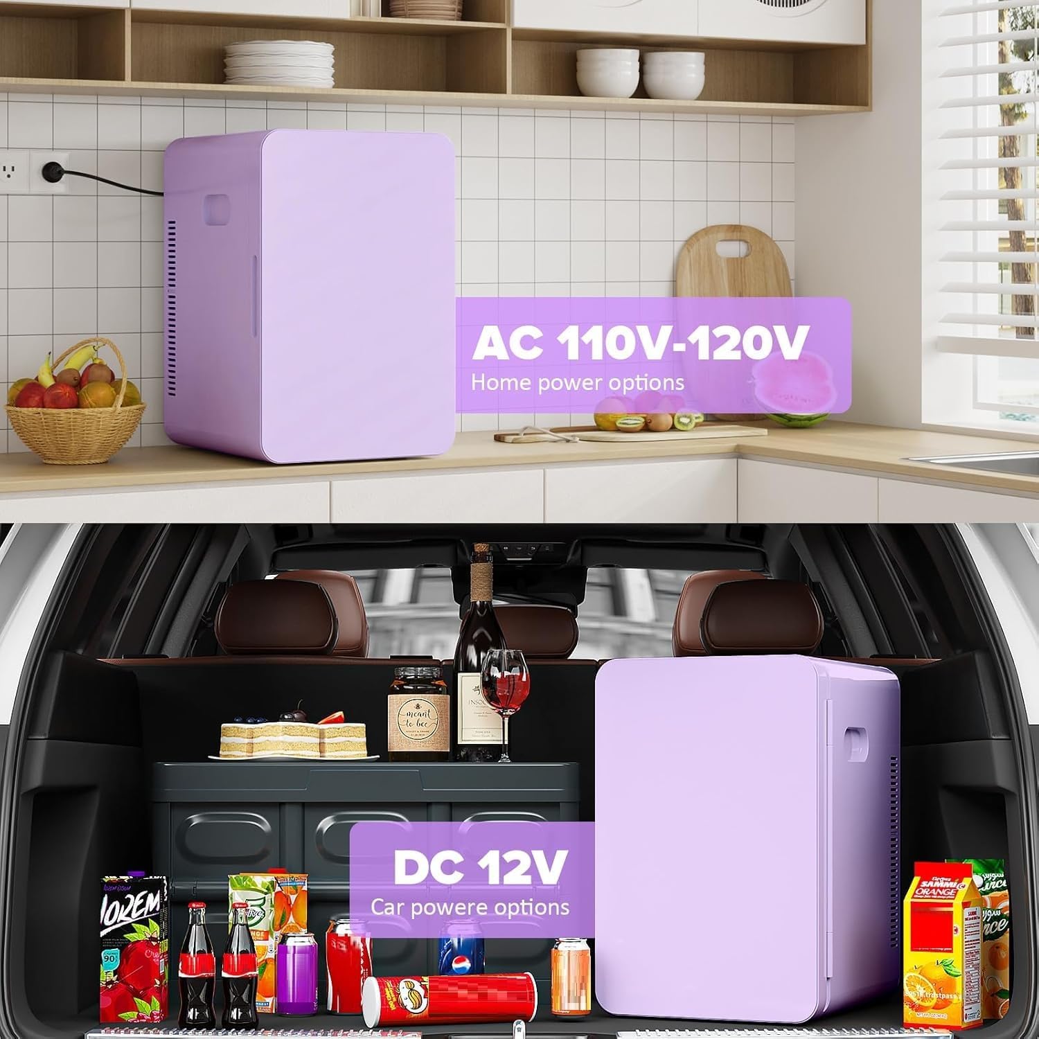 22L/30Cans Mini Fridge for Bedroom, 12v DC Portable Cooler & Warmer, Mini Refrigerator with Glass Front, for Car Office Desk & Dorm Food Beverage Skincare Makeup (Purple)