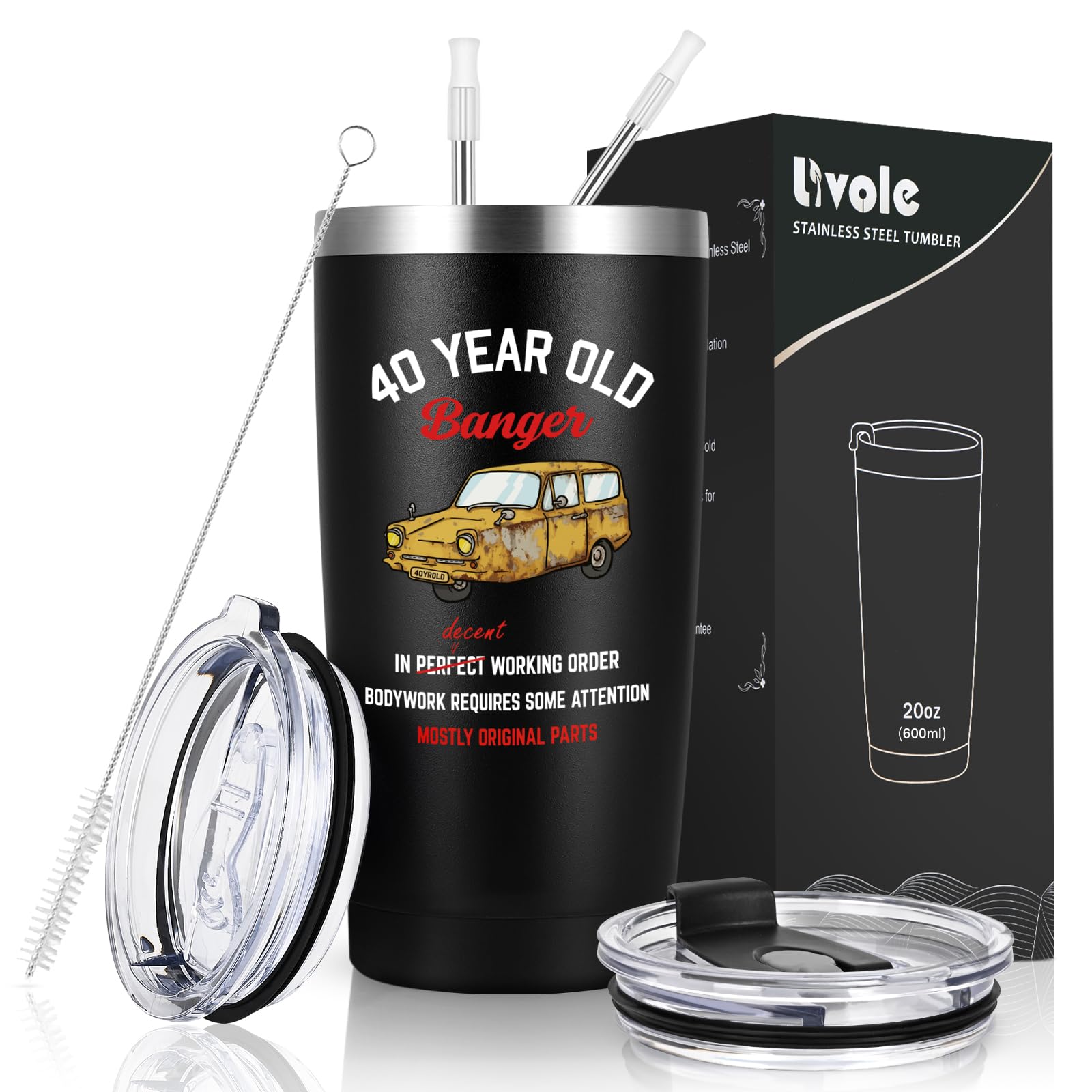 Livole Funny 40th Birthday Gifts for Men, Him, Brother, Dad, Mens 40th Birthday Mug, 40 Year Old Banger, 20oz Stainless Steel Wine Tumbler, 600ml Travel Coffee Mug