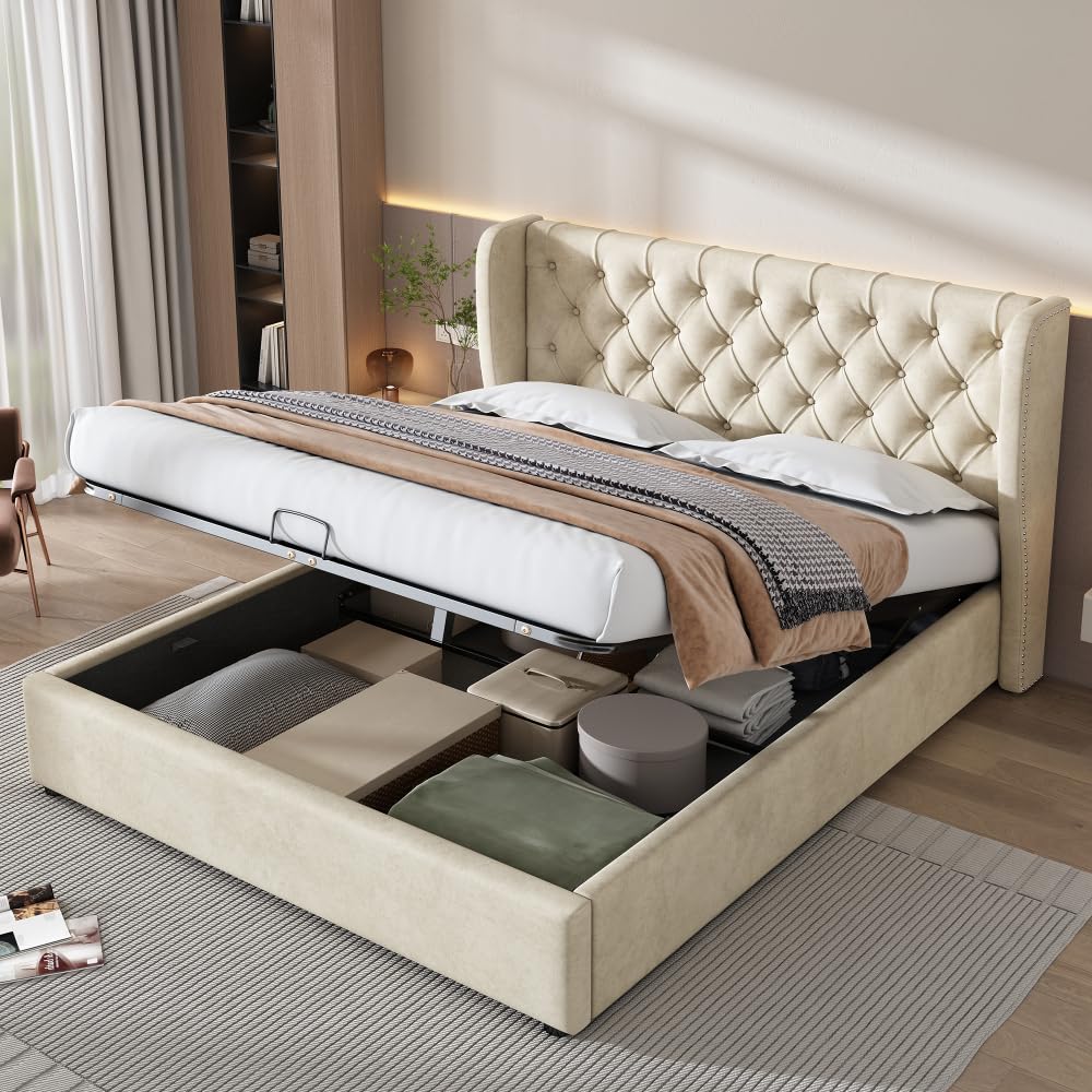 Lubvtti Cama acolchada de terciopelo con forma de oreja, cama de matrimonio con espacio de almacenamiento hidráulico, cama de matrimonio con somier de láminas (beige, 180 x 200)