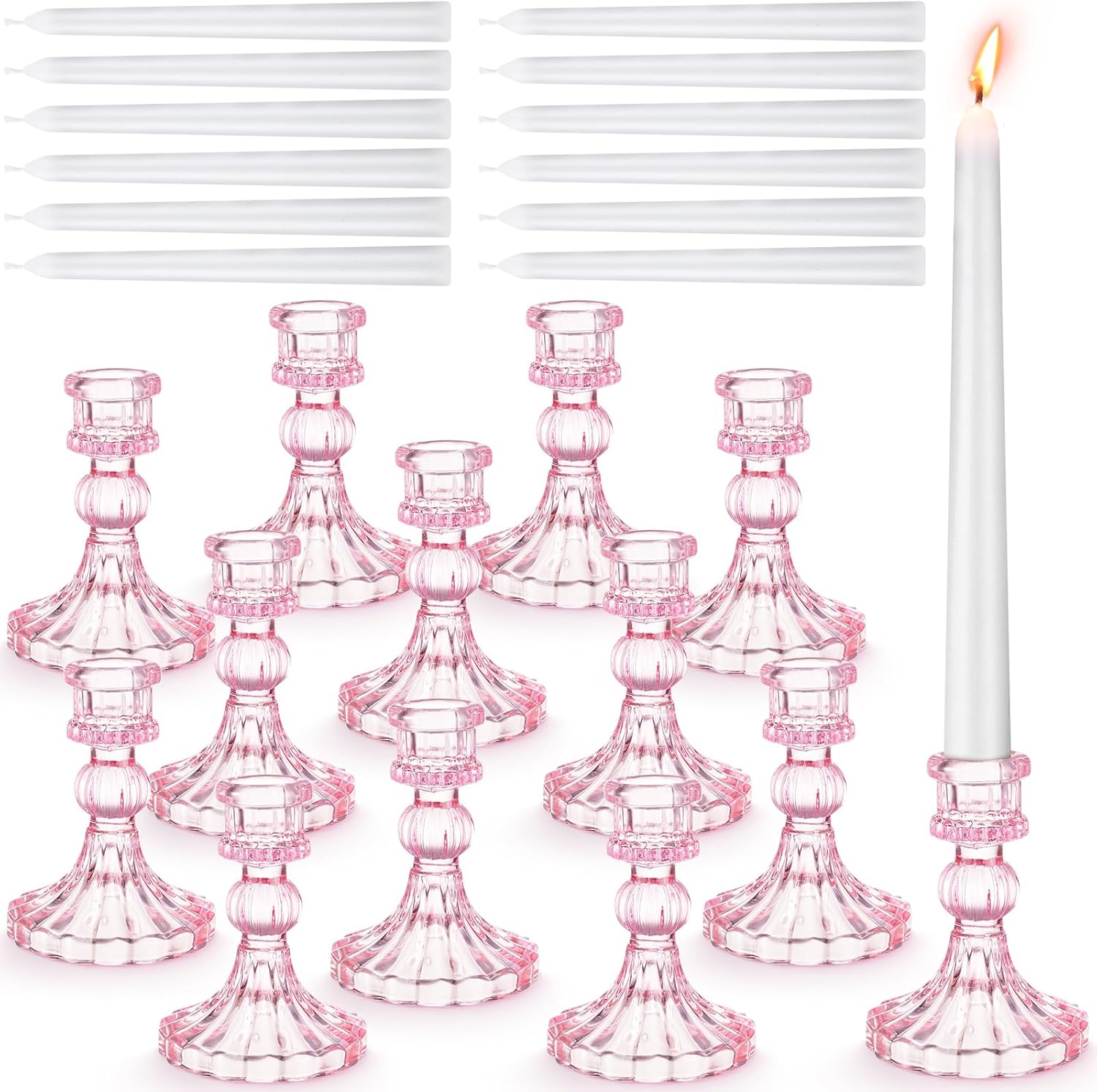 Suclain 24 Pcs Glass Taper Candle Holder Sets 12 Candlestick Holder with 12 White Long Candles for Christmas Wedding Party Decor Dinner Decoration(Pink)