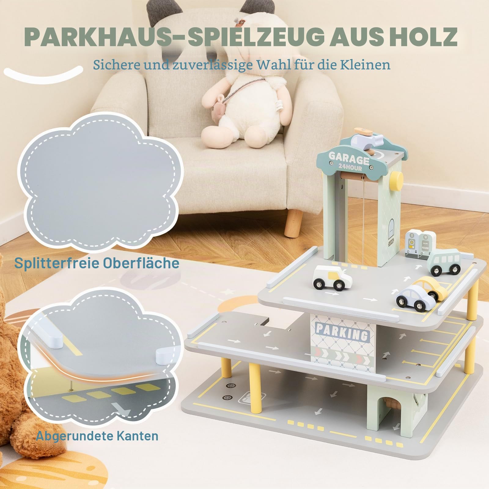 HOMASIS Garagenset mit 3 Etagen, Parkplatz aus Holz mit 4 Autos, Hubschrauberlandeplatz, Tankstelle, Aufzug, Autowäsche, Spielzeuggarage für Kinder ab 3 Jahren, 50 x 40 x 47 cm, Grau