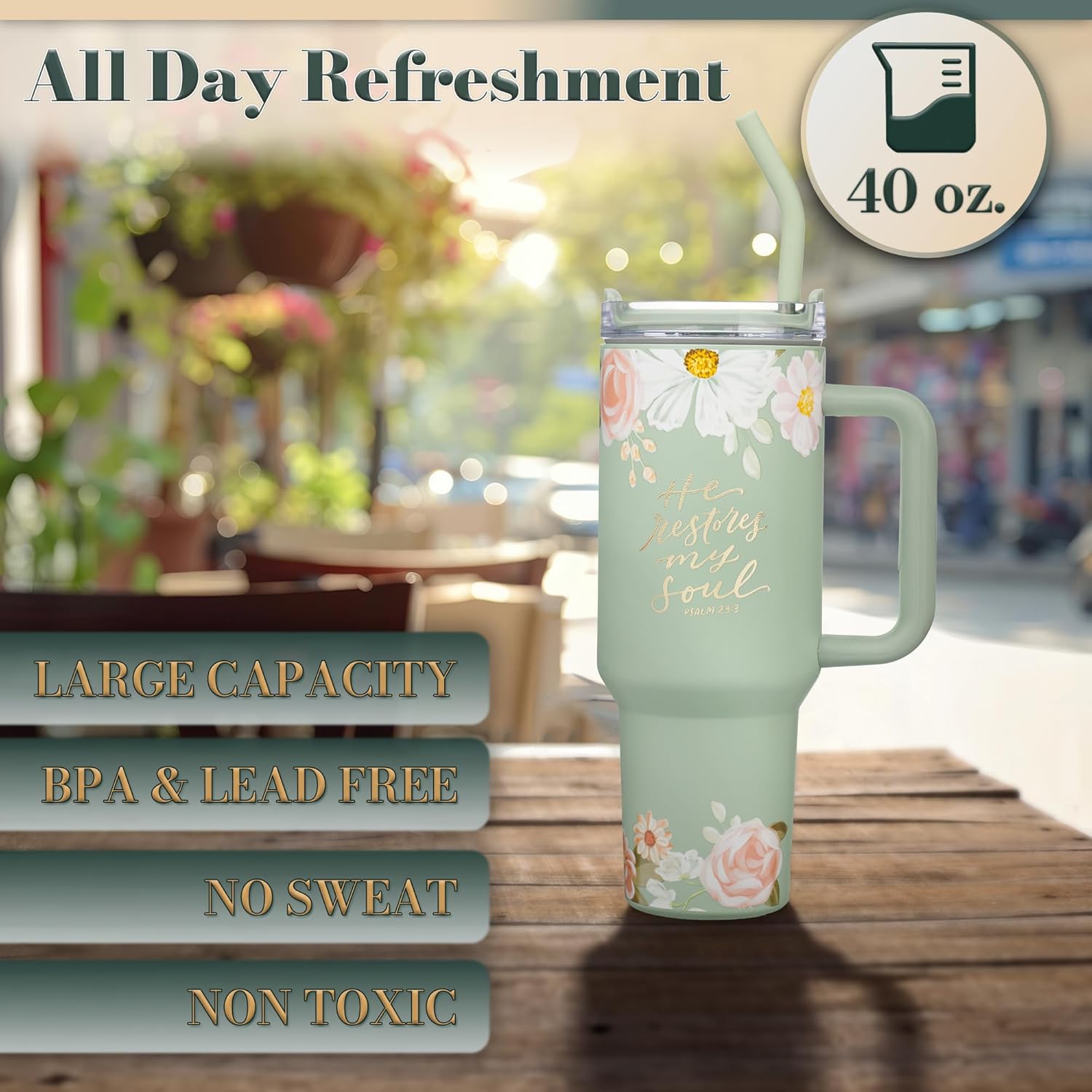 Christian Art Gifts Inspirational Stainless Steel Double-Wall Insulated XL Travel Mug Tumbler Thermos for Women: He Restores My Soul Scripture, Reusable Straw, Twist Lid, Light Green Floral, 40 oz. - Image 2