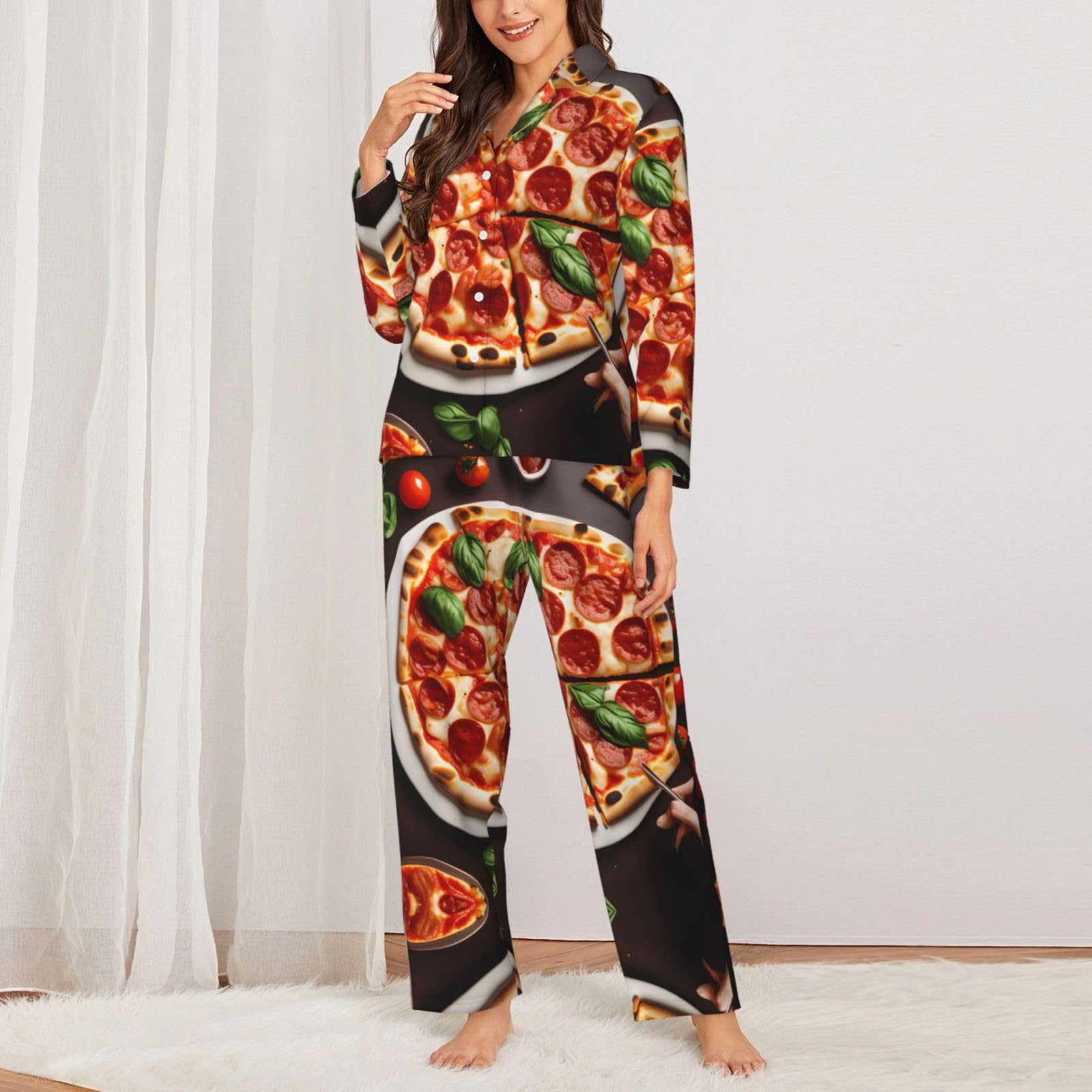 Pigiama da donna a maniche lunghe con stampa di pizza, morbido set da notte, comodo regalo