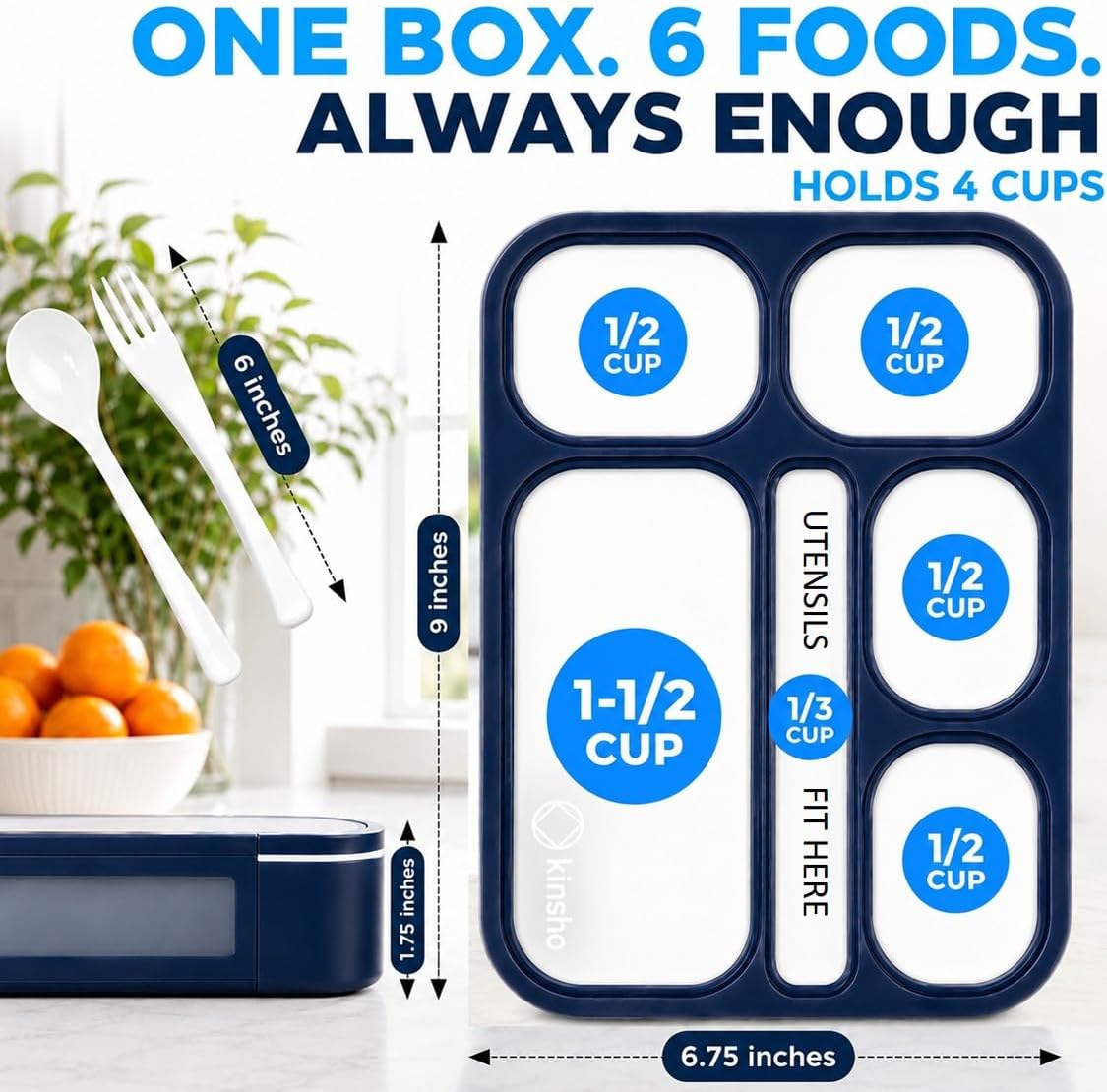 Bento Lunch Box Snack Containers for Kids Boys Girls Adults, 6 Divided Compartments - School, Daycare, Leak Proof Meal Planning Portion Control, BPA-Free Boxes, Utensils, Navy Blue