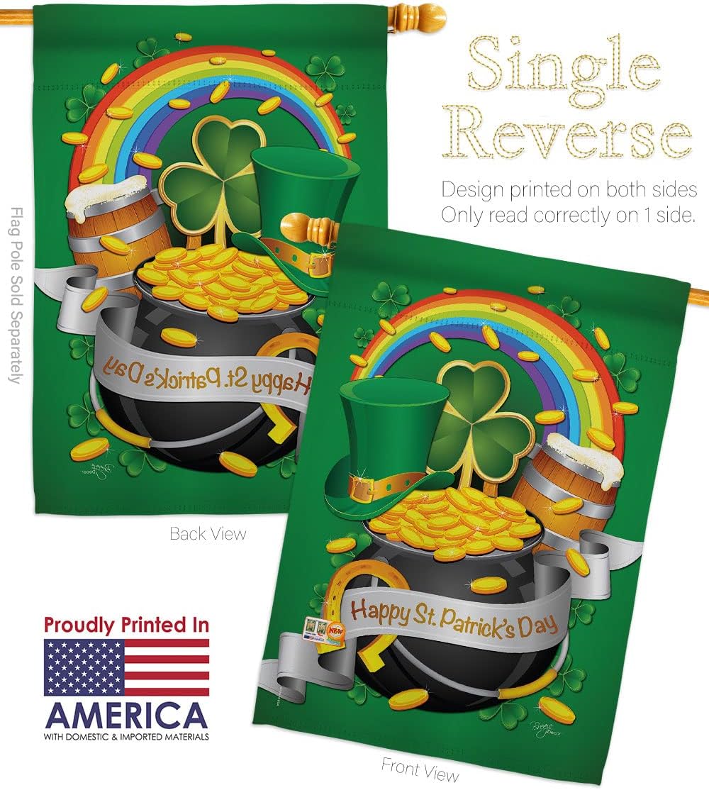Happy St Patricks Day House Flag Springtime Patrick Shamrock Leprechaun Lucky Coin Holiday March Irish Clover Small Decorative Gift Yard Banner Made In USA 28 X 40