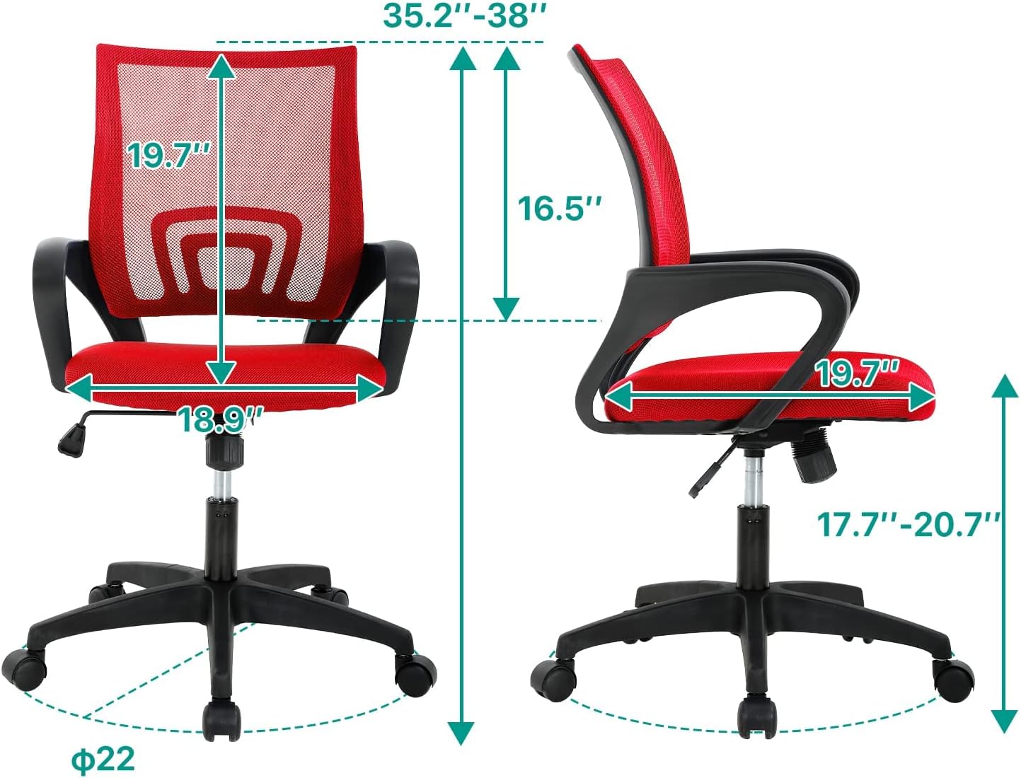 Office Chair Ergonomic Desk Chair Mesh Adjustable Computer Chair Comfortable Adjustable Height Executive Task Chair with Wheel Armrests for Adults Kids, Red