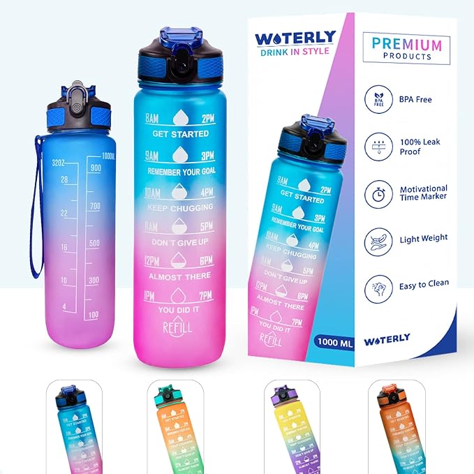 Time Marked Motivational Water Bottle, Tracker And Reminder Sports Bottle, Unbreakable Leakproof Bpa Free For Gym Office Traveling (Blue-Pink, Silicone, Pack Of 1), 1000 ML