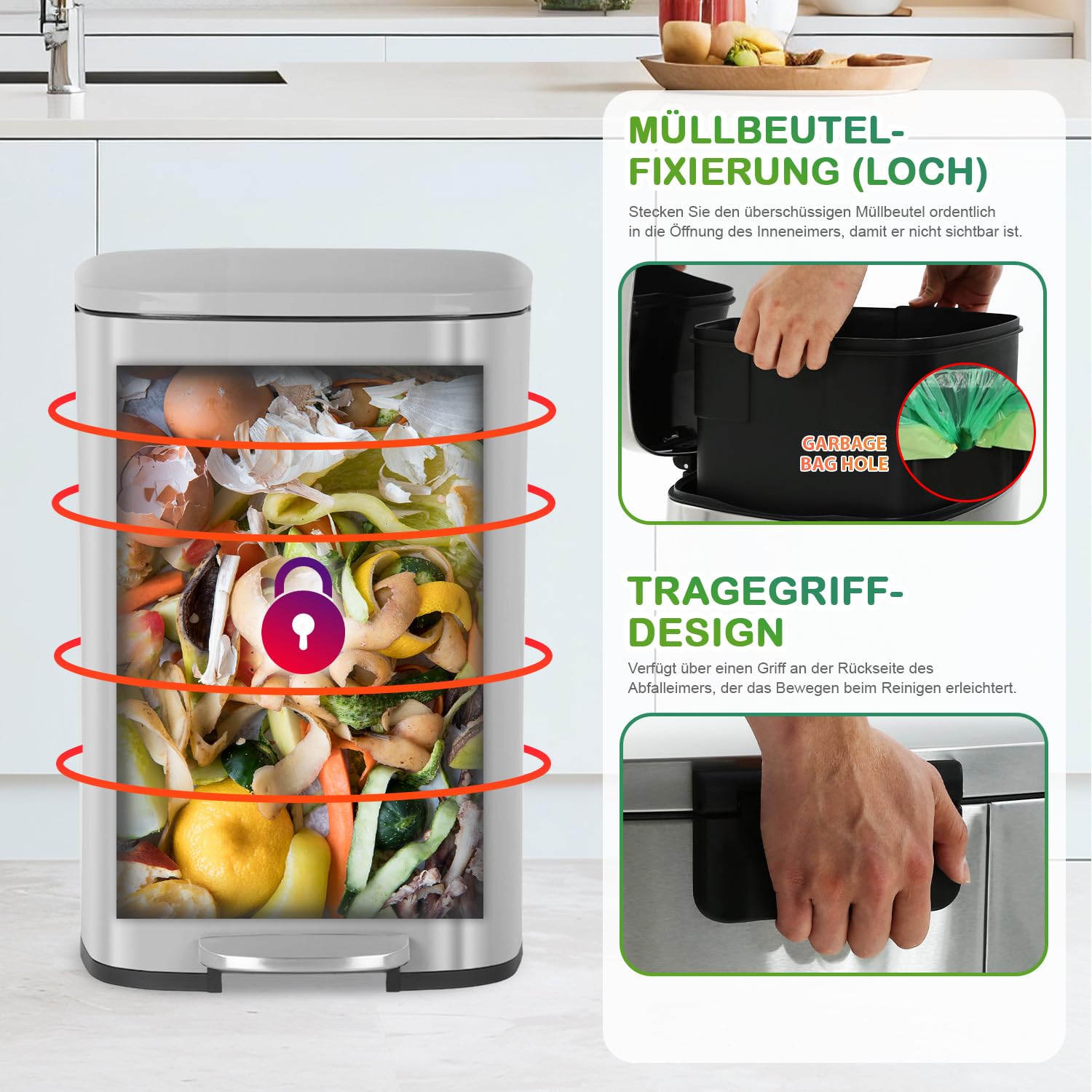 BestOffice 50 L Mülleimer Küche Mülleimer mit Deckel für Büro Schlafzimmer Badezimmer Schritt Mülleimer Fingerprint-Proof gebürstetem Edelstahl
