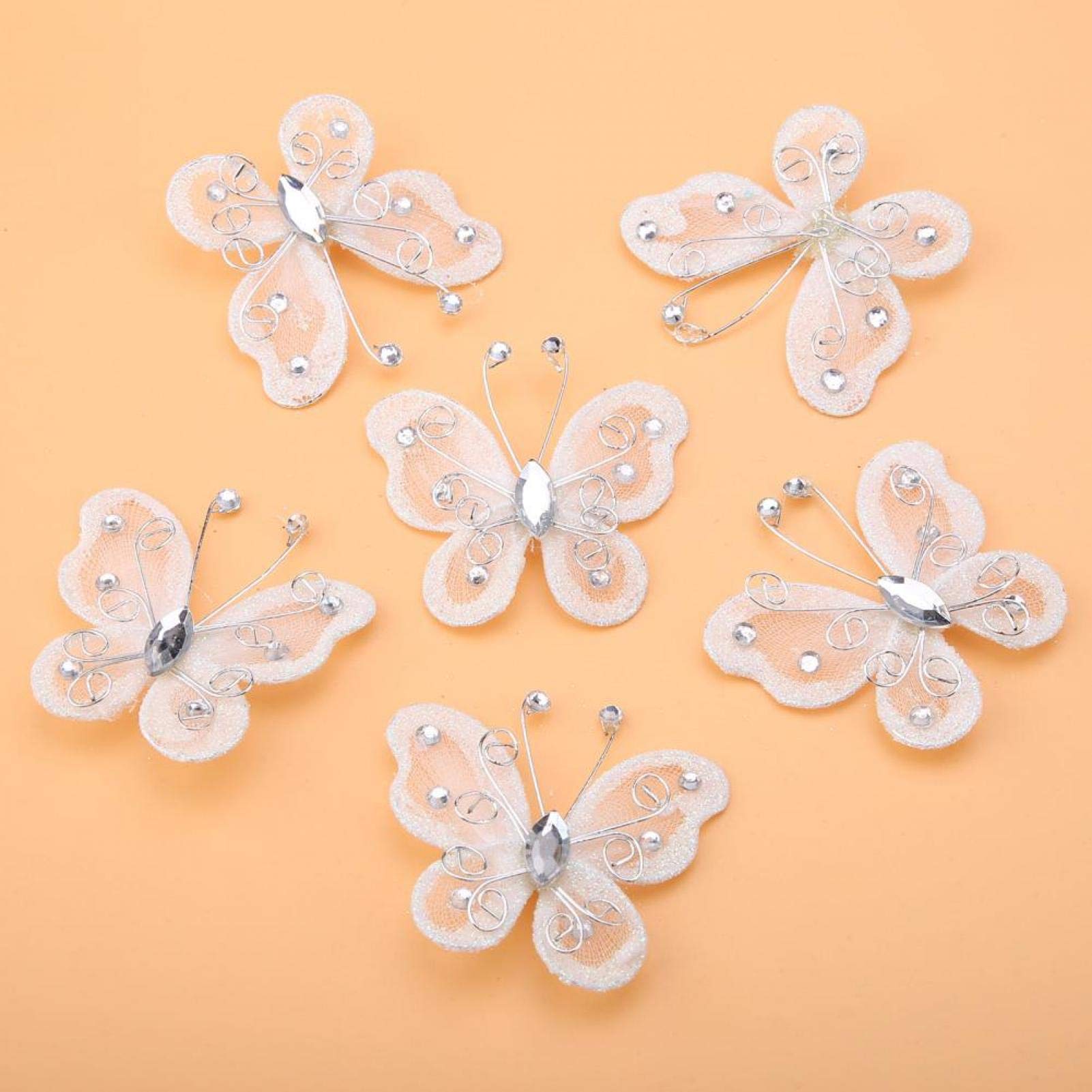 White Glitter & Diamante Butterflies On Wire - Pack Of 6
