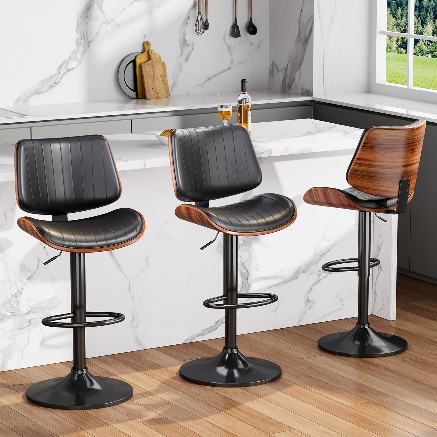 Swivel Bar Stools Set of 4, Adjustable Bentwood Barstools for Kitchen Counter, Modern PU Leather Upholstered Bar Chair with Back and Footrest, for Kitchen Island, Bar, Dining Room, Black