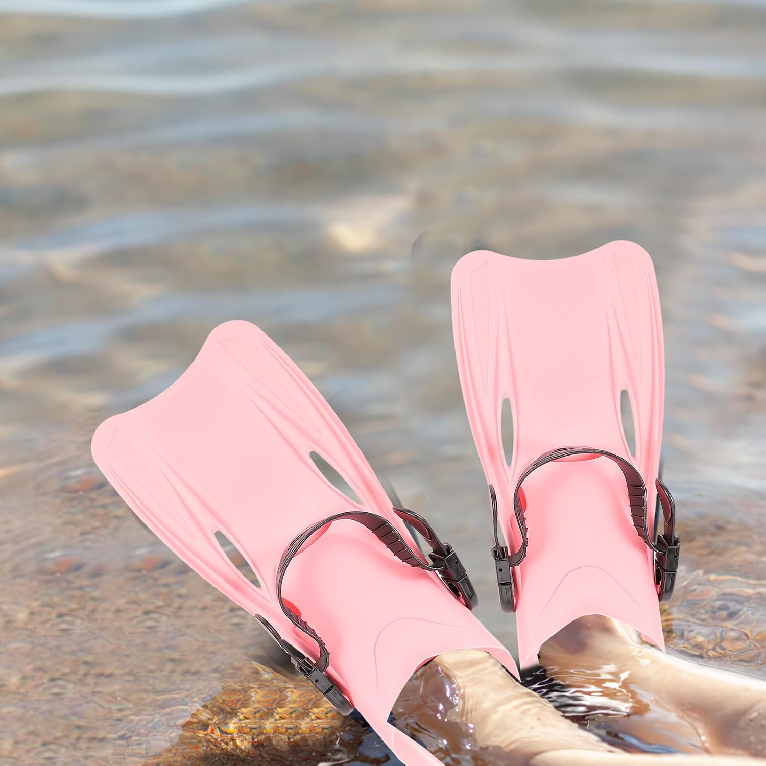 Lurrose Diving Swimming Fins for Snorkeling, Lightweight Adjustable Pink Swim Flippers for Adults Size L (39-43), Portable Flexible Plastic Training Fins for Water Sports