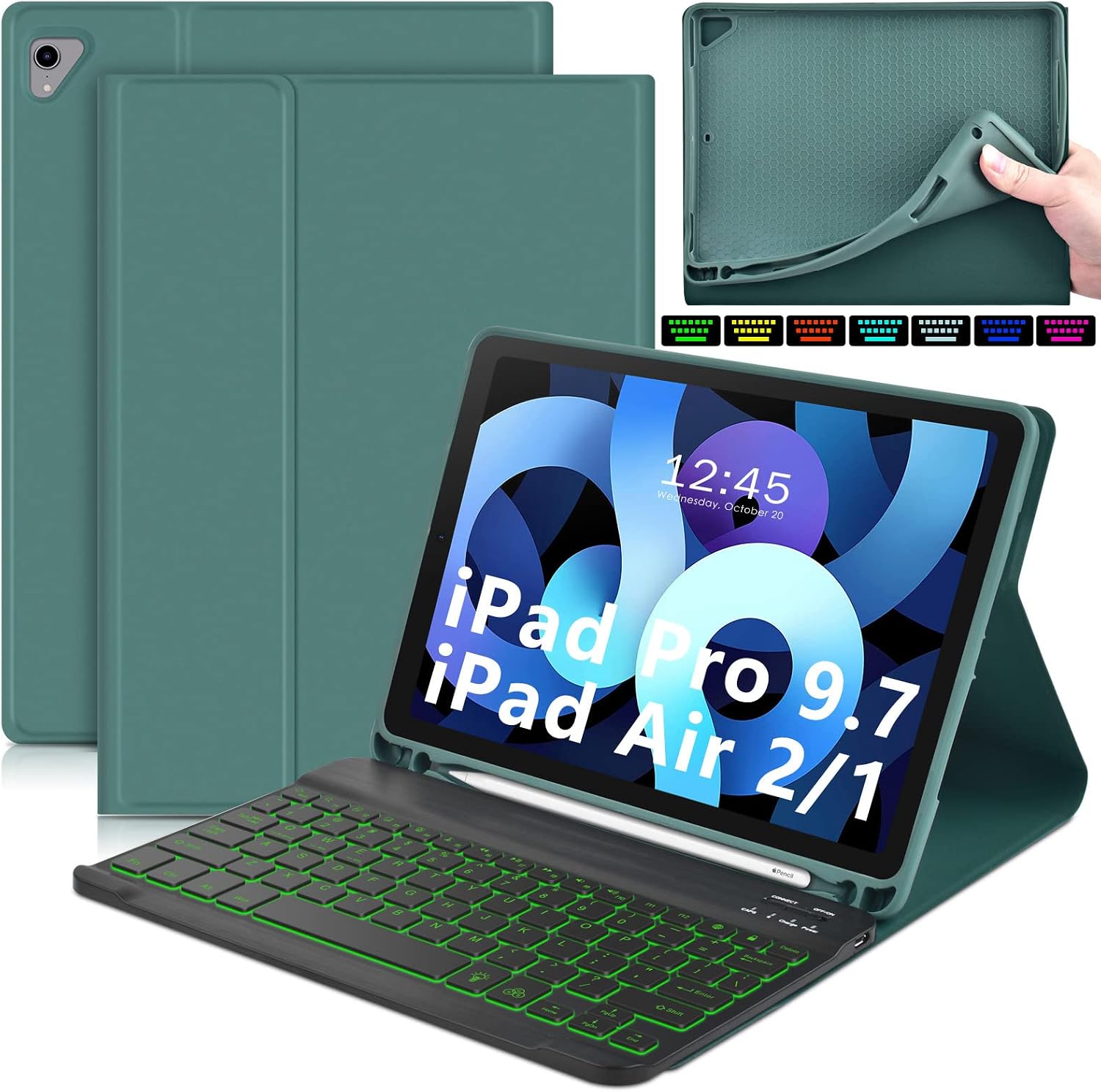 DETUOSI for iPad Air 2 Keyboard Case, for iPad 9.7" 2017/2018 Keyboard Case with Apple Pencil Holder, Detachable Wireless 7-Colors Backlit Keyboard + PU Leather Cover for iPad Pro 9.7", for iPad Air 1