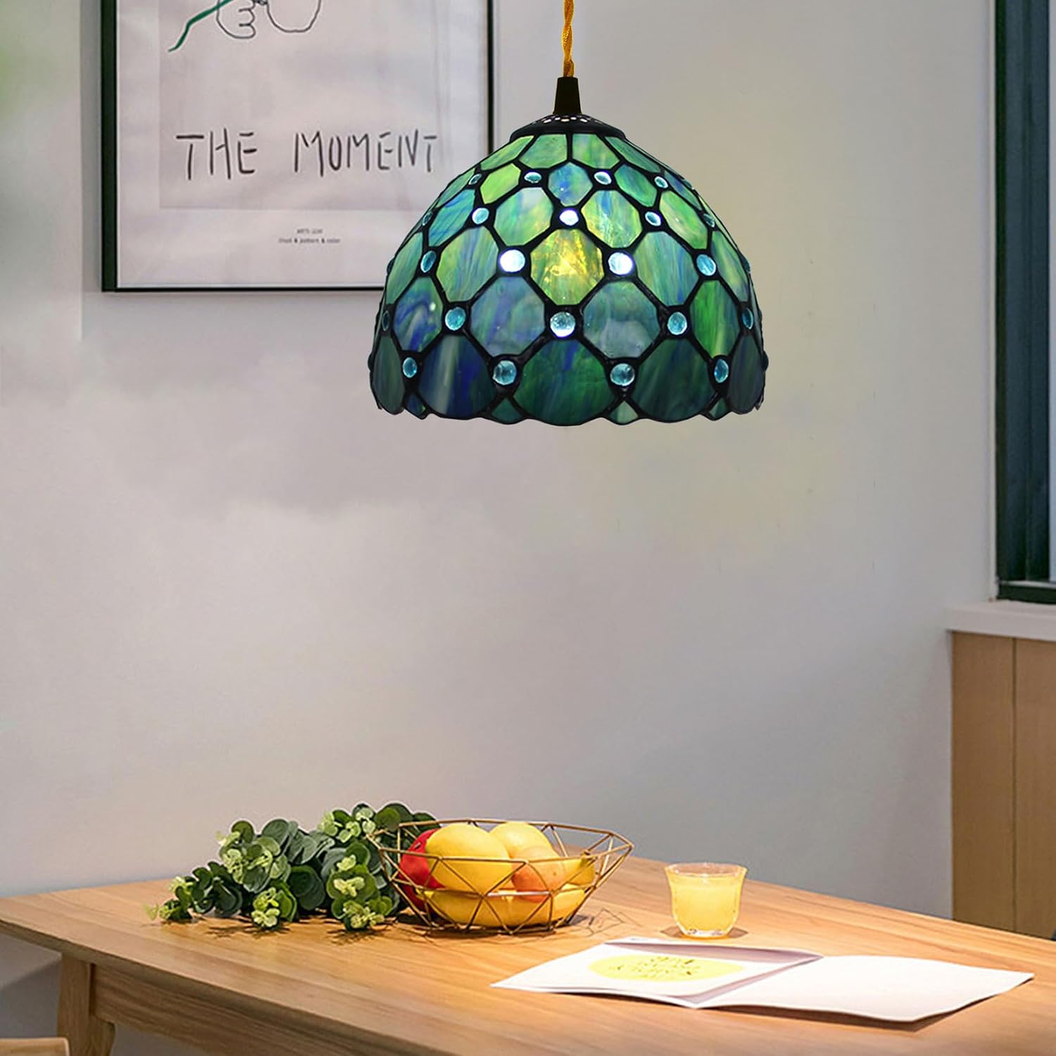 8 Inch Wide Tiffany Lamp Shade Accessories Replacement Only Stained Glass Bead Lampshades Vintage Amber Beads Light Cover for Table Lamp Pendant Light Desk Light,Green