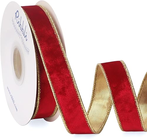 Vista 202 de Ribbli - Cinta de terciopelo dorado verde oscuro metálico con alambre de 2.5 pulgadas, cinta navideña de terciopelo arrugado para envoltura, decorar