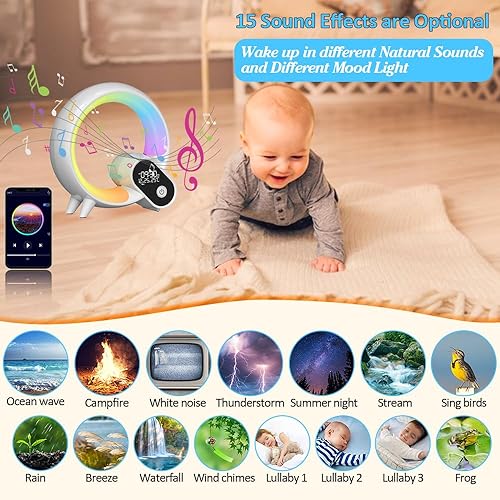 Miniatura 4 de Luz de despertador, reloj despertador inteligente para niños y bebés, máquina de sonido con 15 sonidos relajantes, altavoz Bluetooth, luz nocturna