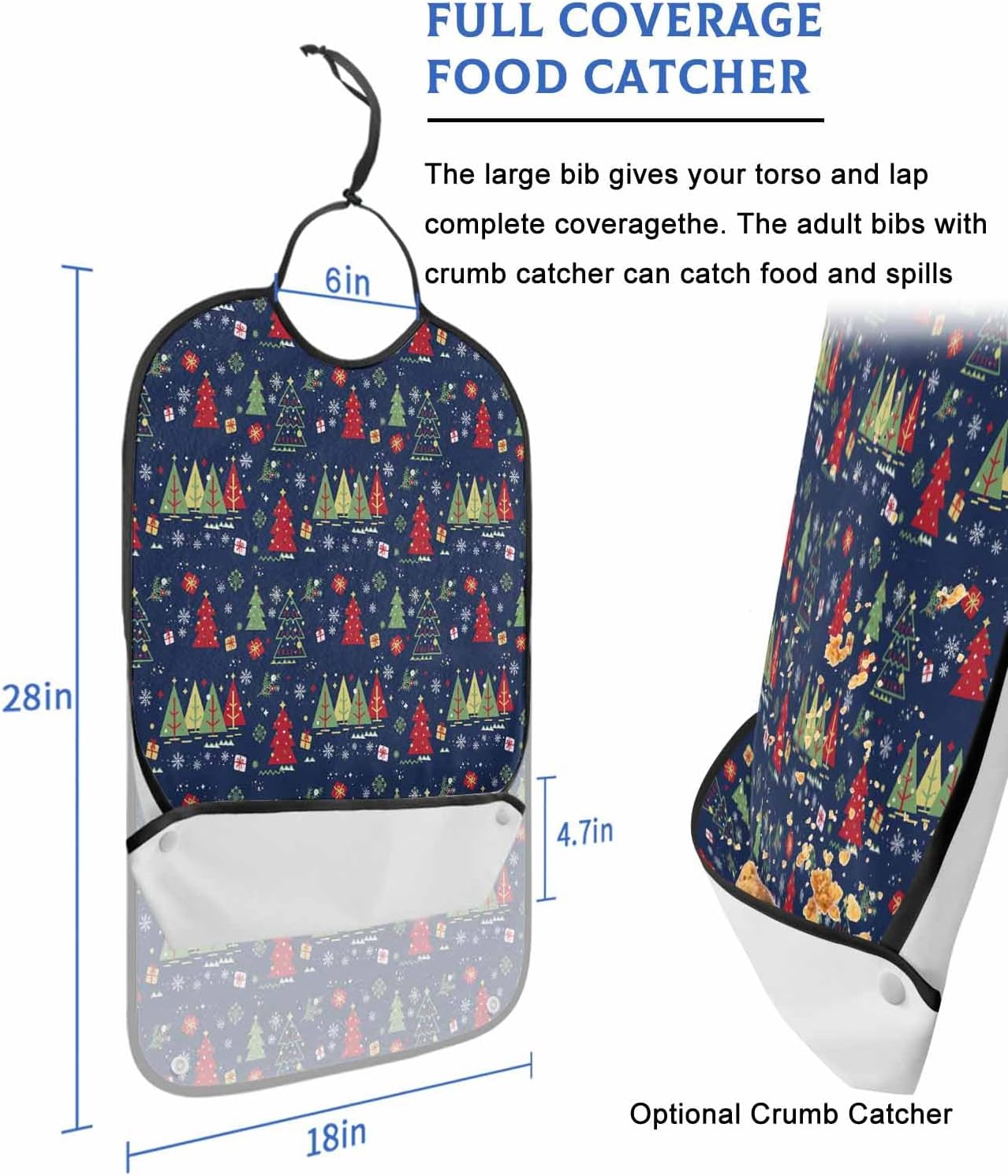 Christmas Adult Bibs for Eating, Merry Christmas Gift Xmas Tree Snowflake Dark Purple Washable Elderly Adult Bibs for Men Women Large Reusable Adjustable Clothing Protector with Optional Crumb Catcher