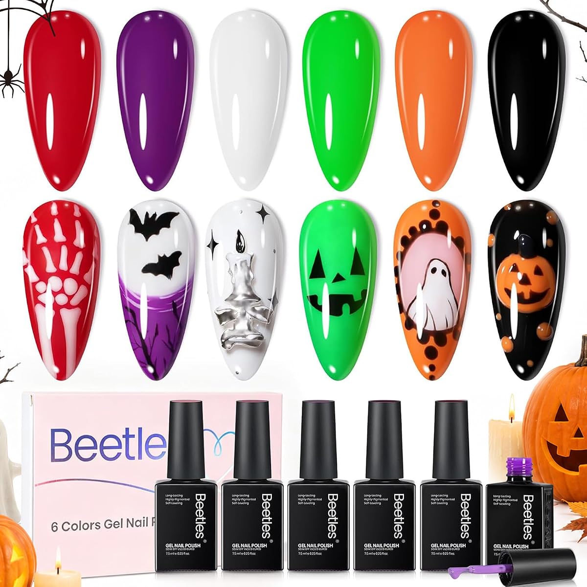 Juego de esmaltes de uñas de gel Beetles Halloween - Hechizo de Halloween, esmalte de gel de otoño | Calabaza rojo negro verde púrpura tonos, LED UV remojo, arte de uñas de otoño de larga duración para salón, bricolaje en casa y manicura navideña
