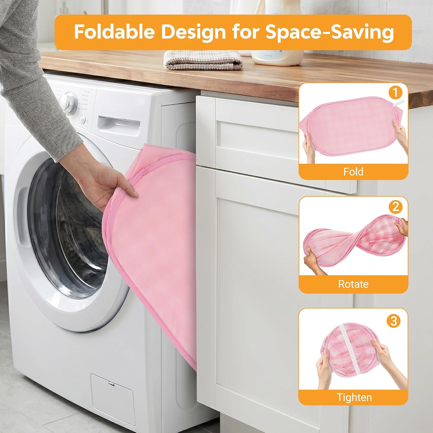 Sturdy Collapsible Laundry Baskets - Pop Up Laundry Hampers with Handy Pocket, Foldable Clothes Hamper with Reinforced Carry Handles for Bathroom, Kids Room, Dorm or Travel - Check Print, Pink image 5
